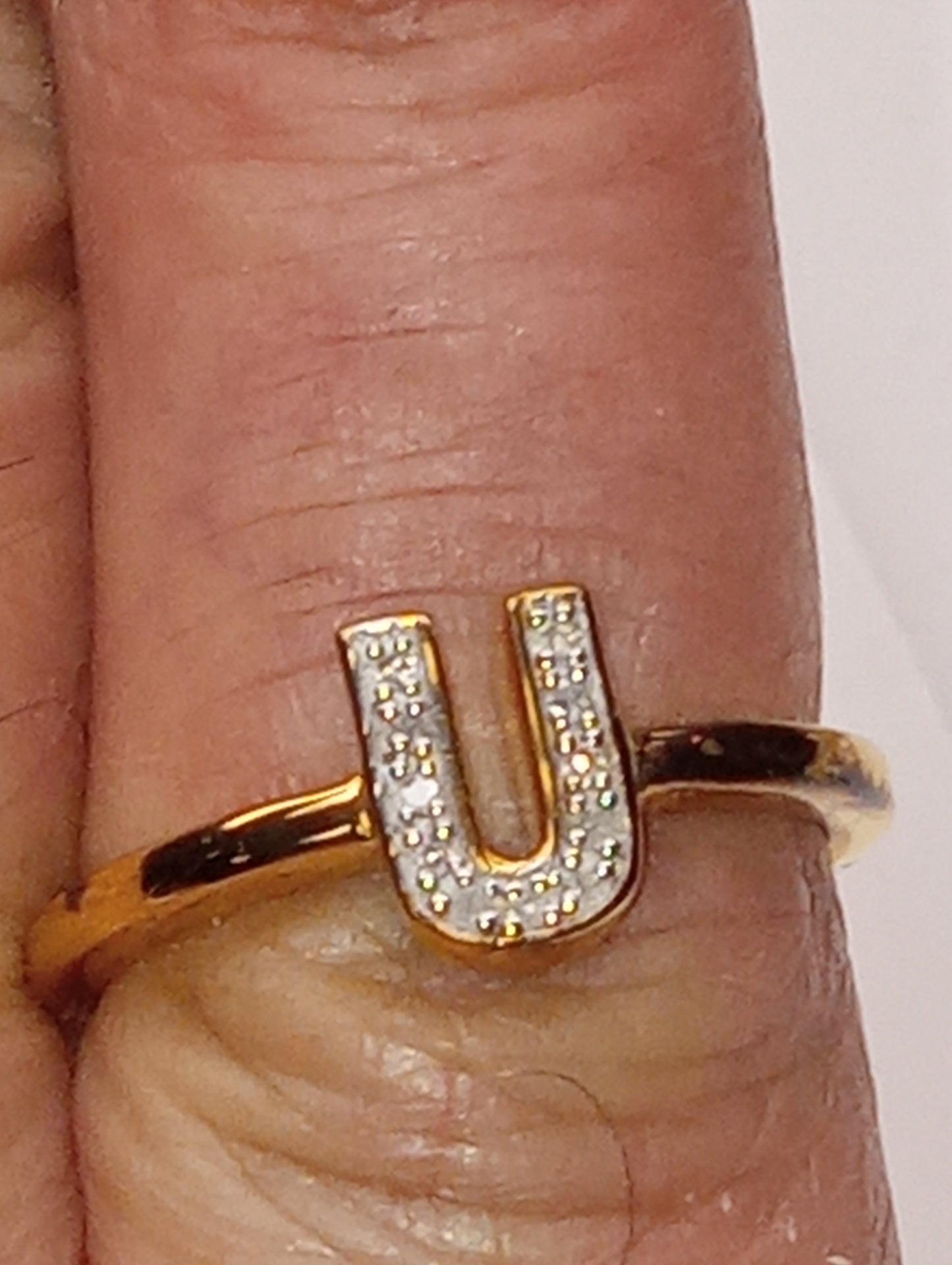 ring diamond initial "U" open band in vermeil yellow gold over sterling silver, size7,.06ctw