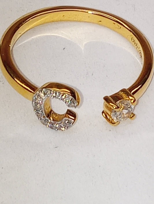 ring initial "C" white zircon, open band, in vermeil yellow gold over sterling silver