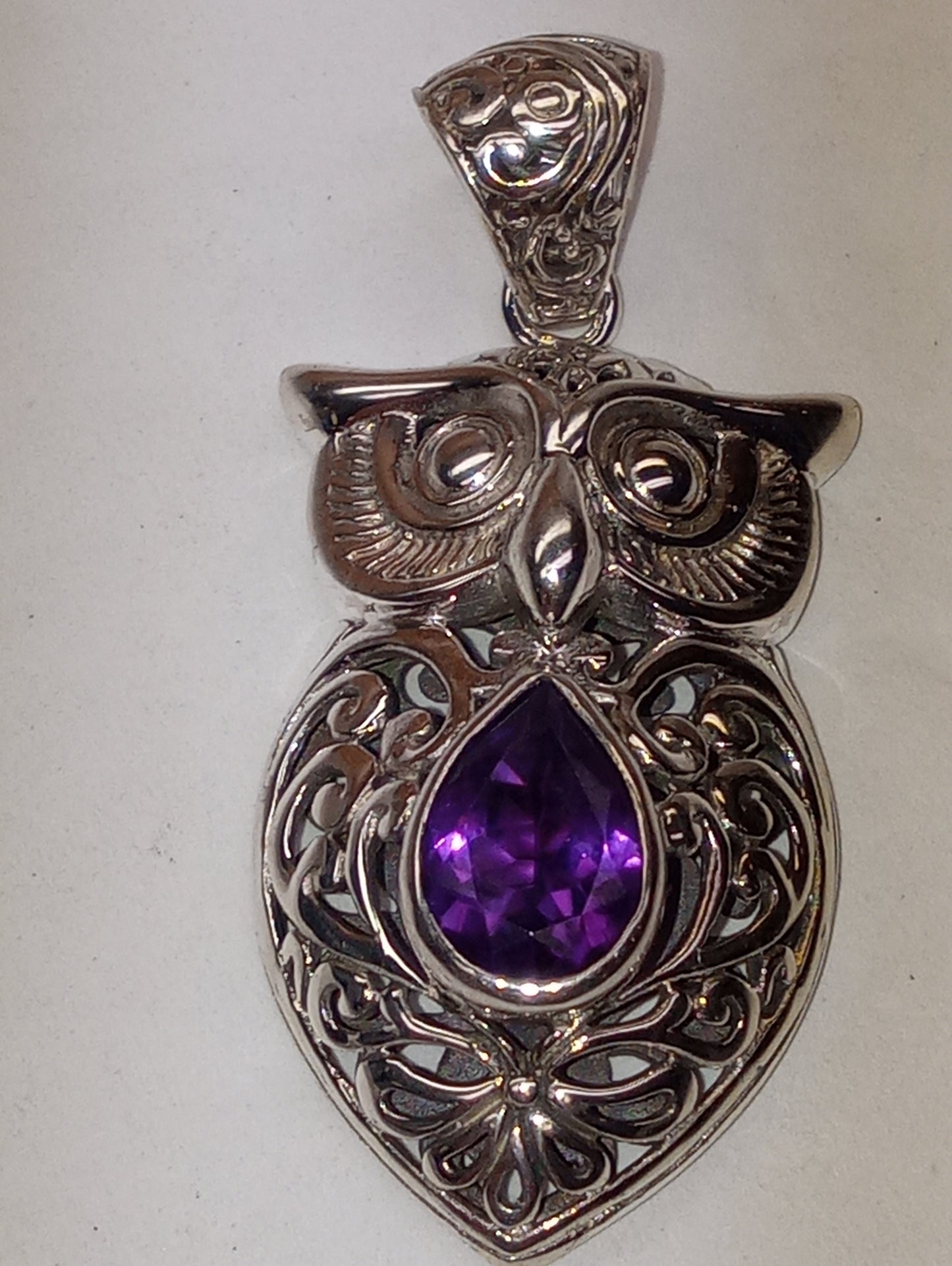 pendant Bali Legacy amethyst owl in sterling silver, 8.16g, 2.36ctw