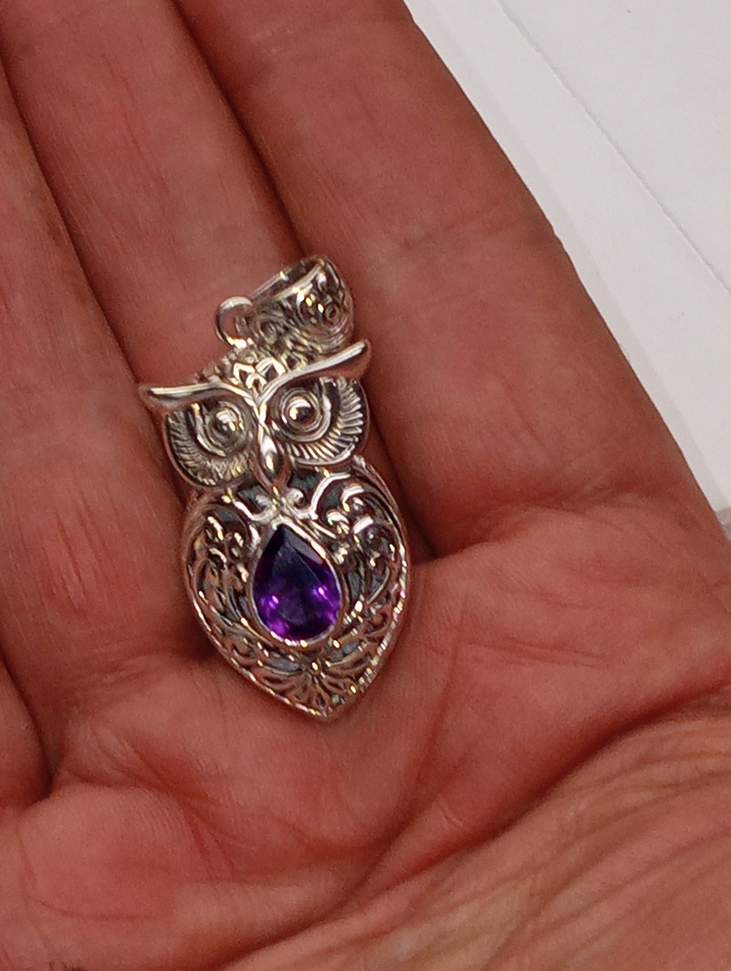 pendant Bali Legacy amethyst owl in sterling silver, 8.16g, 2.36ctw