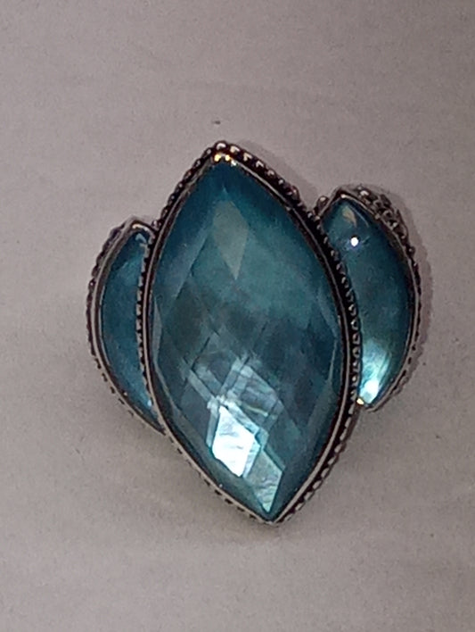 ring SAJEN SILVER quartz doublet , celestial mop scuba, in platinum over sterling silver size7