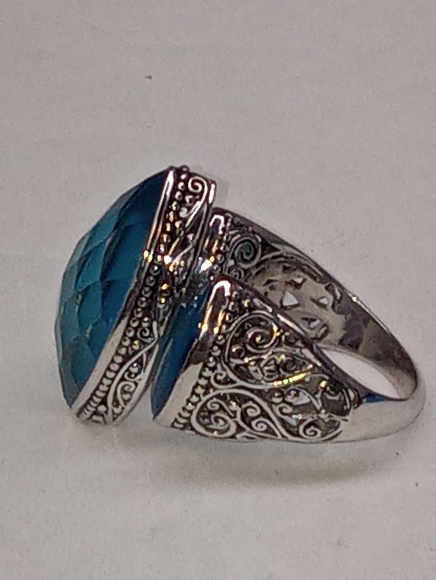 ring SAJEN SILVER quartz doublet , celestial mop scuba, in platinum over sterling silver size7