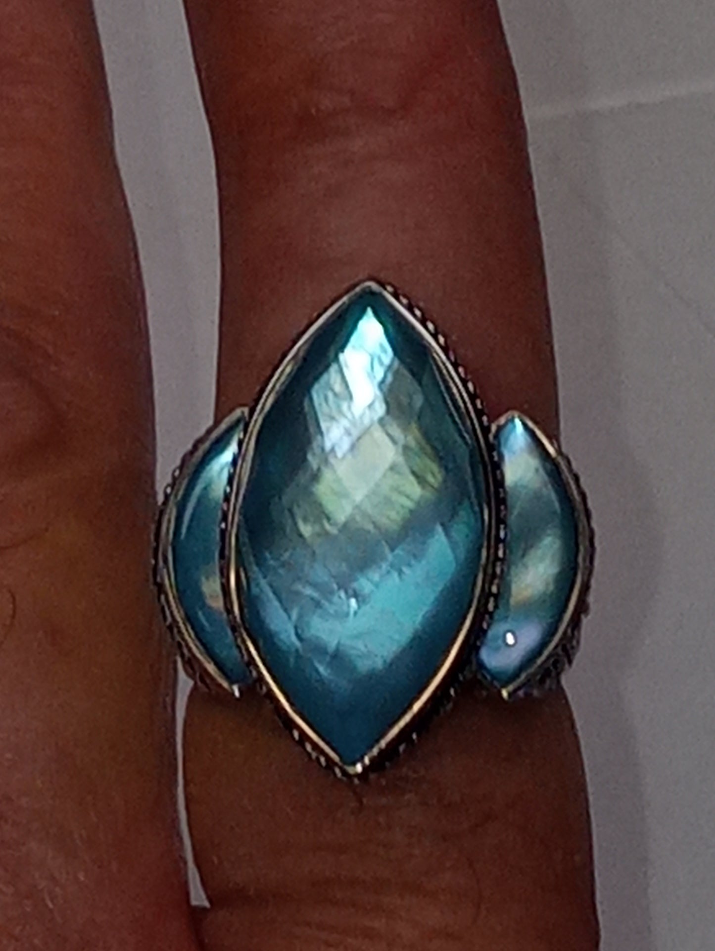 ring SAJEN SILVER quartz doublet , celestial mop scuba, in platinum over sterling silver size7