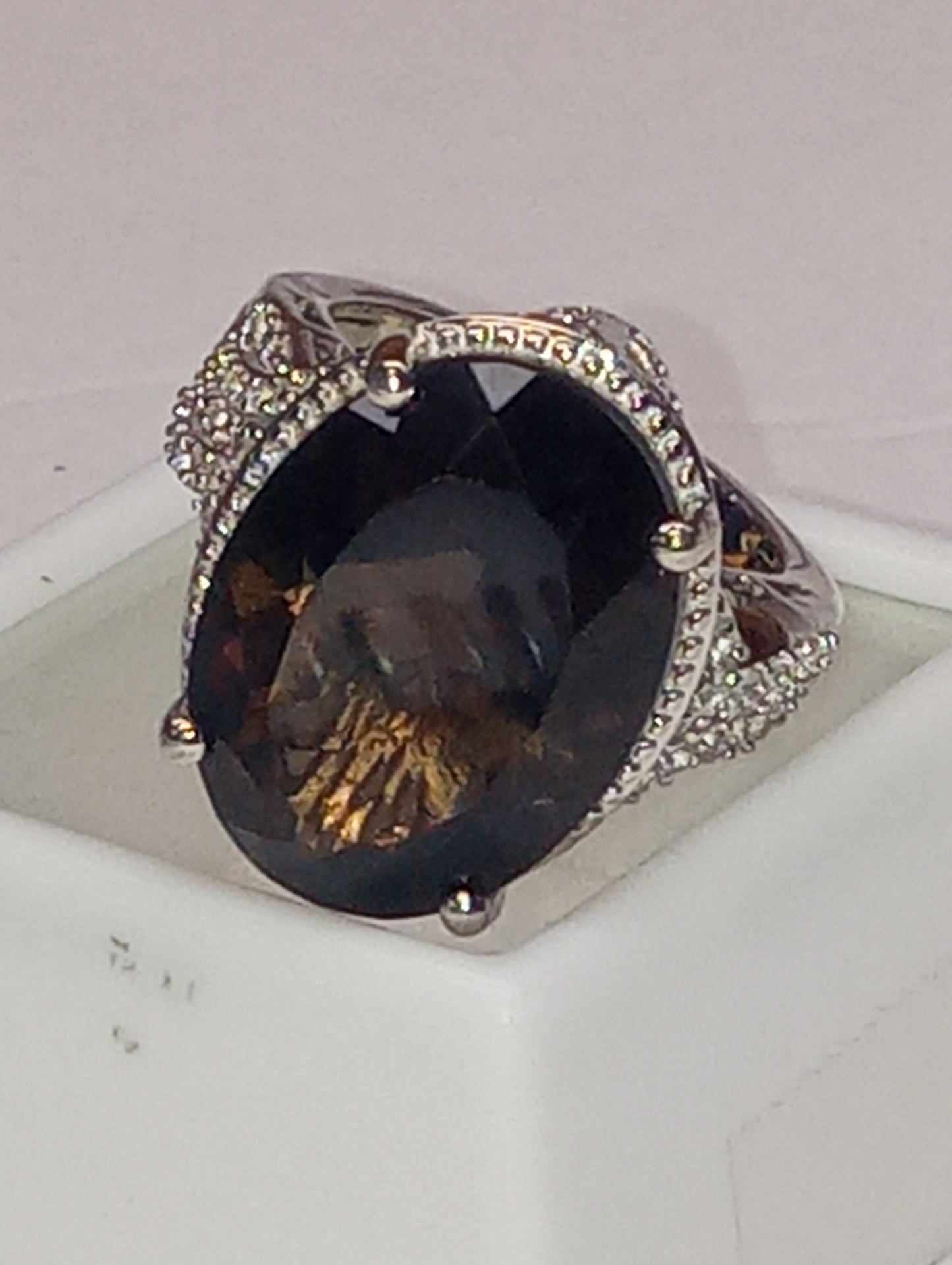 ring Columbianite, white zircon, in platinum over sterling silver, size 8, 7.15g