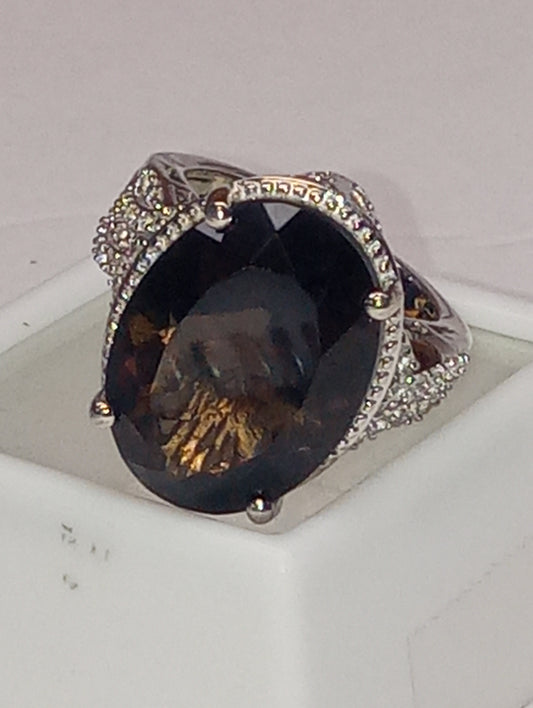 ring Columbianite, white zircon, in platinum over sterling silver, size 8, 7.15g