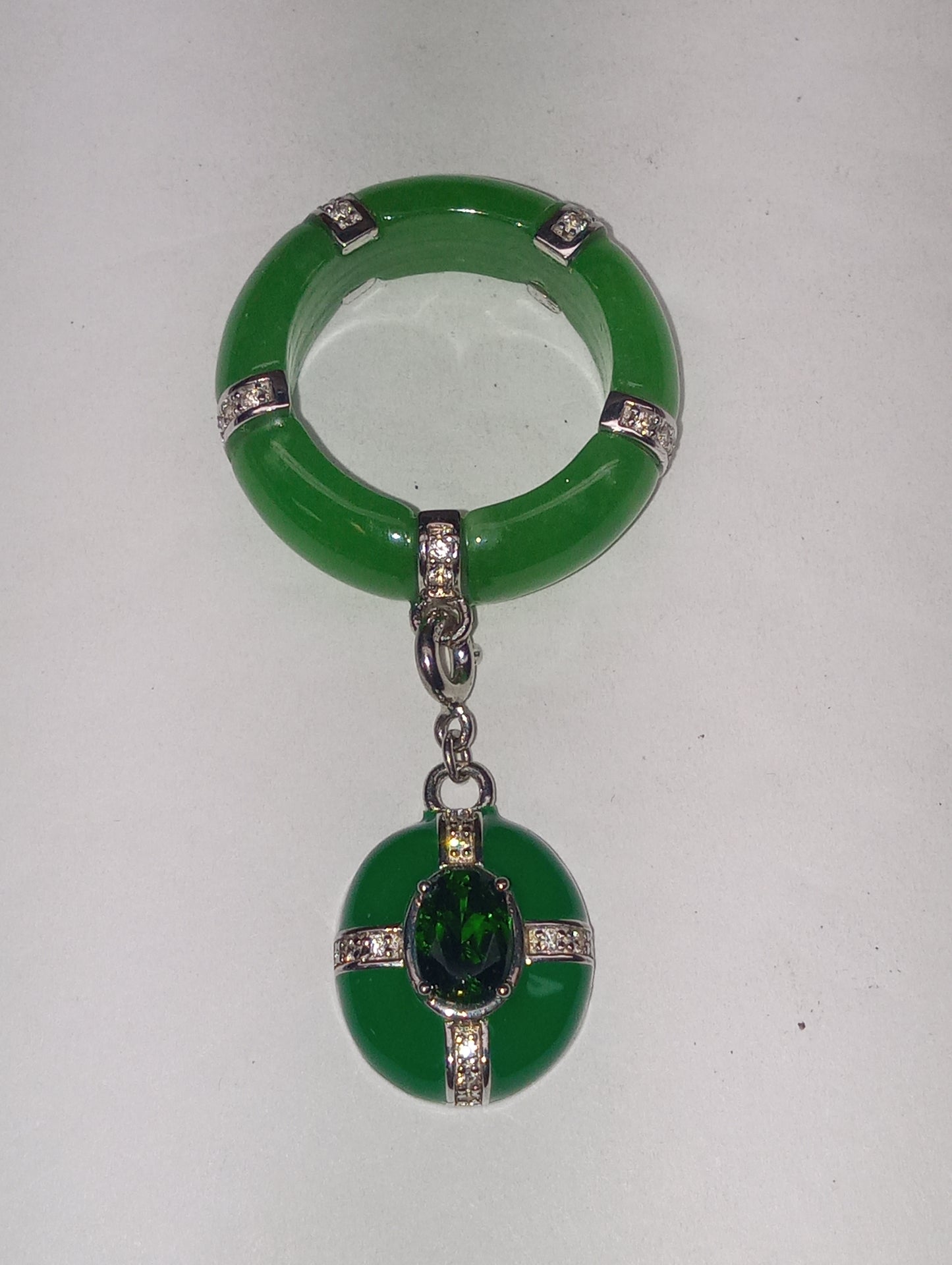 ring green jade chrome diopside, white zircon enameled band , with detachable charm, in rhodium over sterling silver, size 7