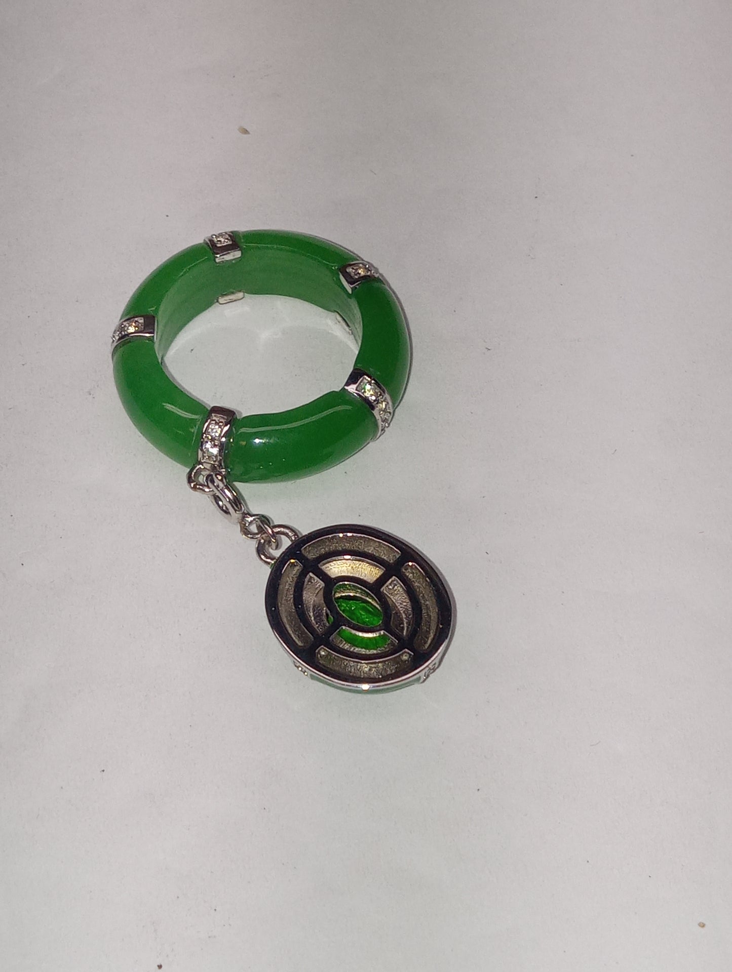 ring green jade chrome diopside, white zircon enameled band , with detachable charm, in rhodium over sterling silver, size 7
