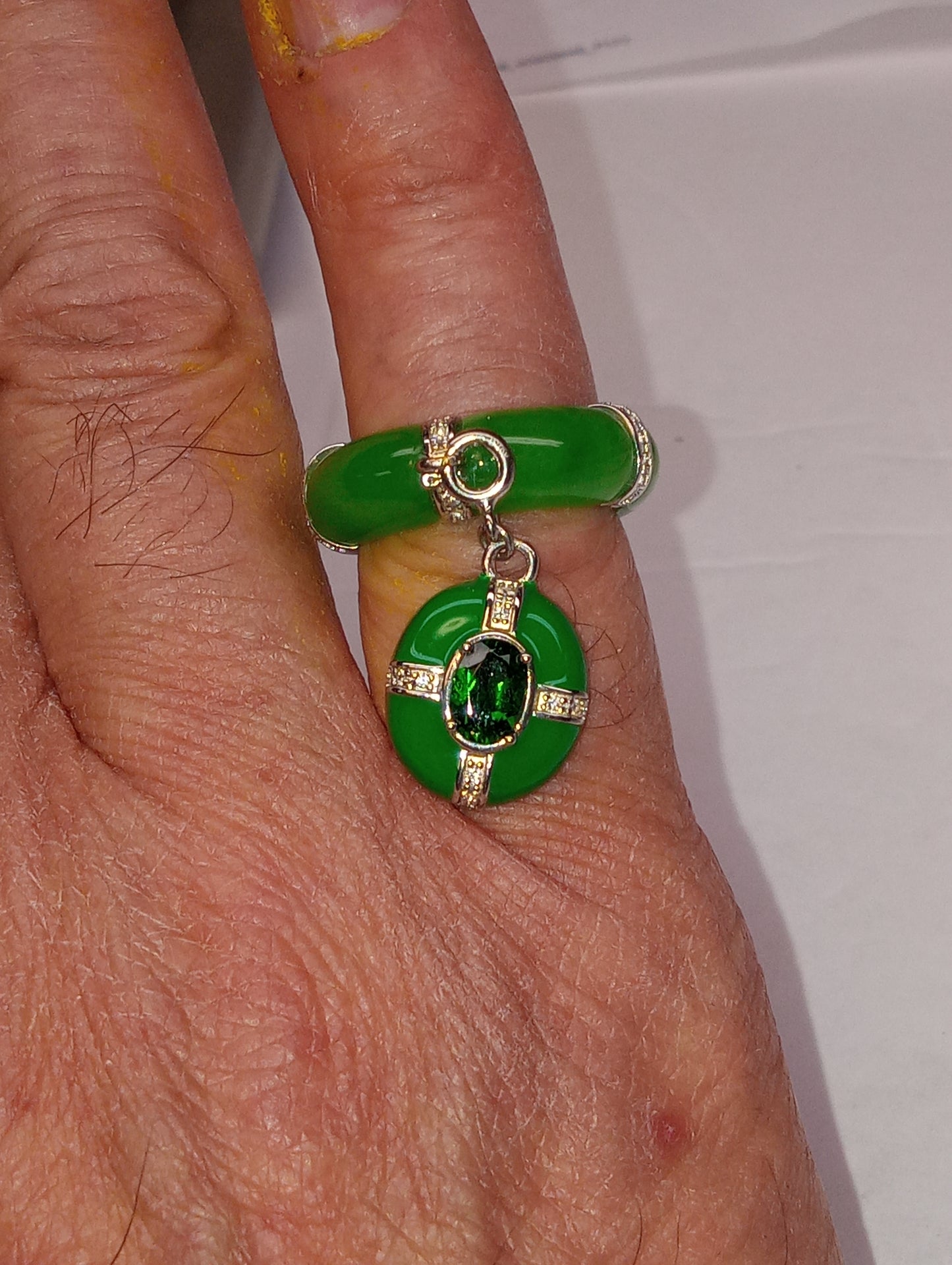ring green jade chrome diopside, white zircon enameled band , with detachable charm, in rhodium over sterling silver, size 7