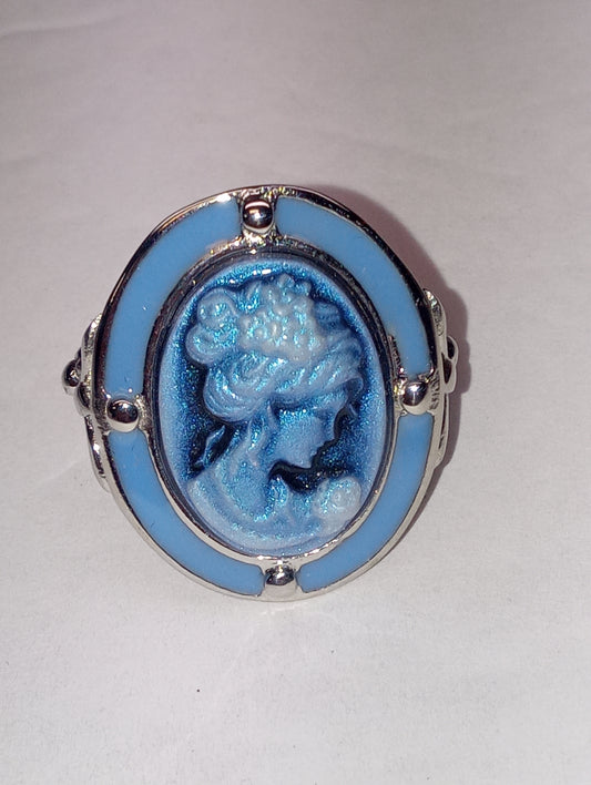 ring Cameo, blue enameled in stainless steel, sized 10