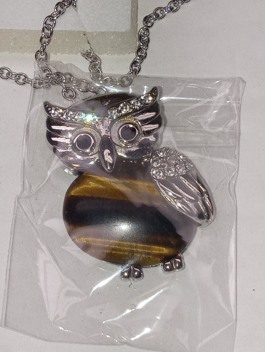 pendant necklace, tiger"s eye South African yellow, white and black Austrian crystal owl 20inches, in stainless steel