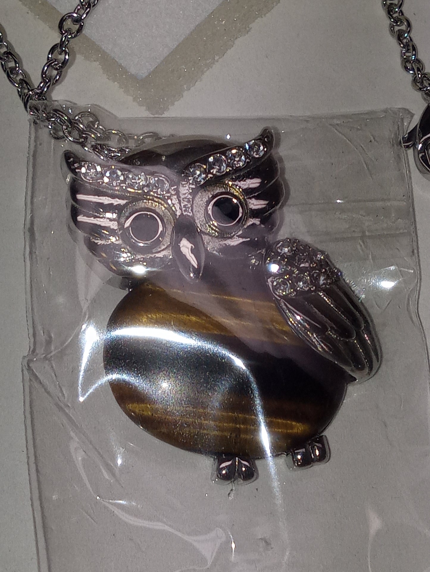 pendant necklace, tiger"s eye South African yellow, white and black Austrian crystal owl 20inches, in stainless steel