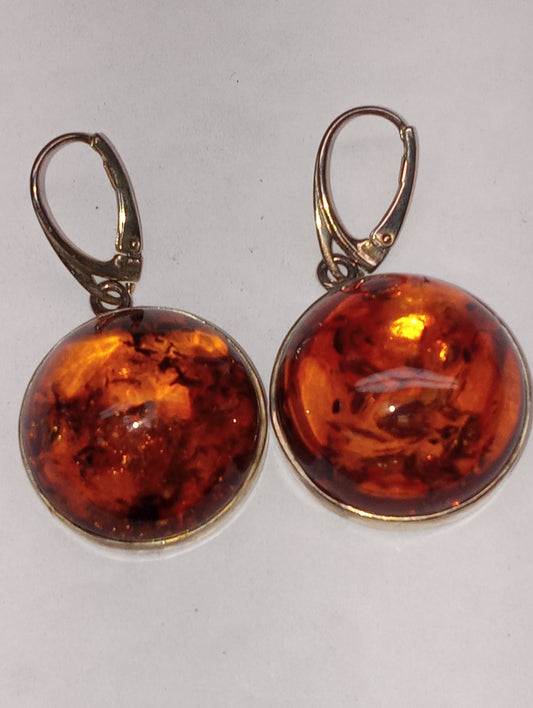 earrings BALTIC AMBER round dangle in sterling silver, 18.2g silver