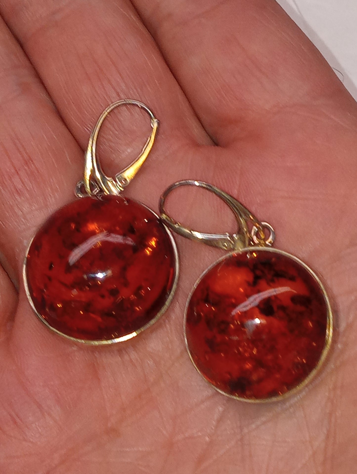 earrings BALTIC AMBER round dangle in sterling silver, 18.2g silver