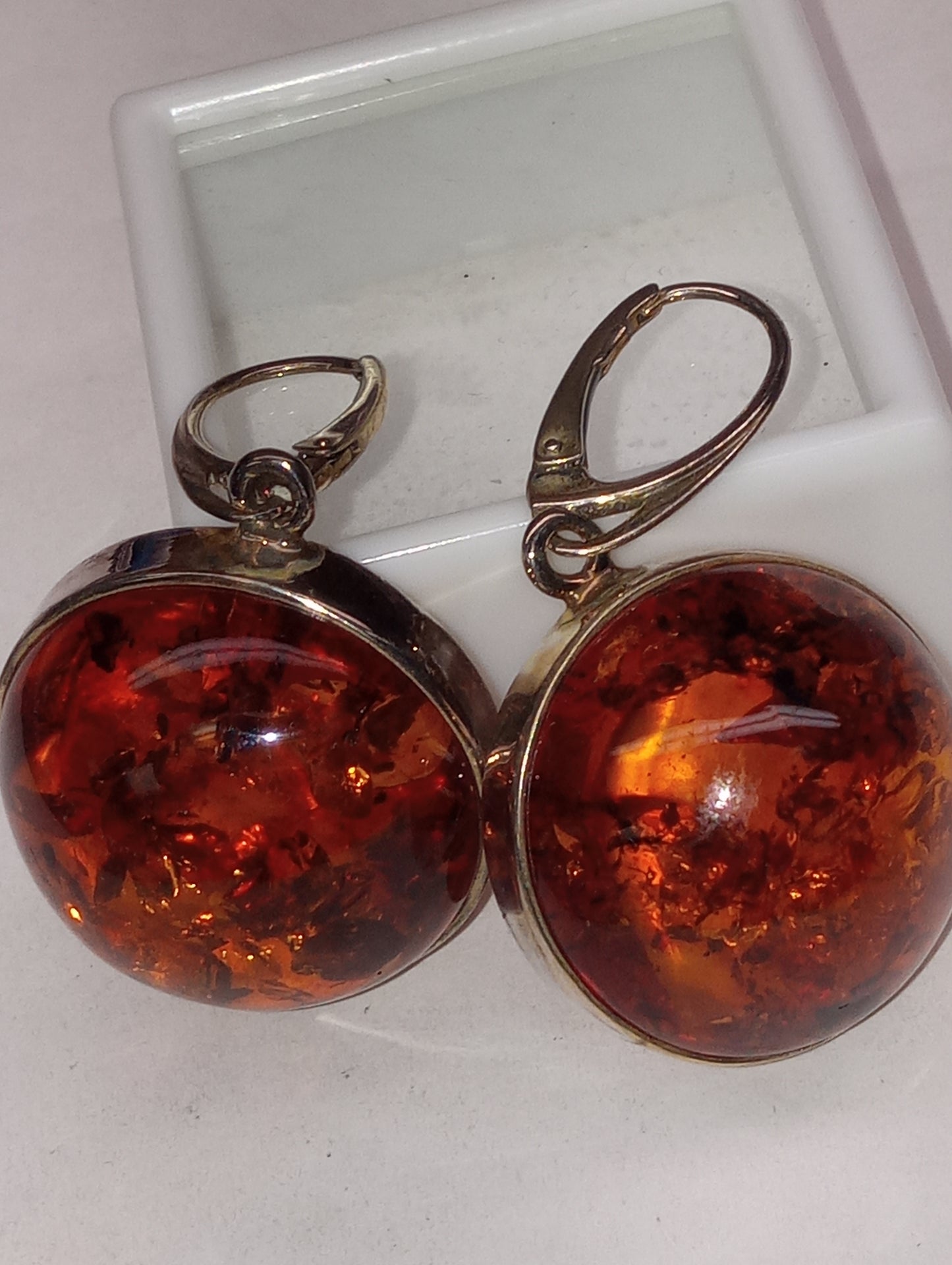 earrings BALTIC AMBER round dangle in sterling silver, 18.2g silver