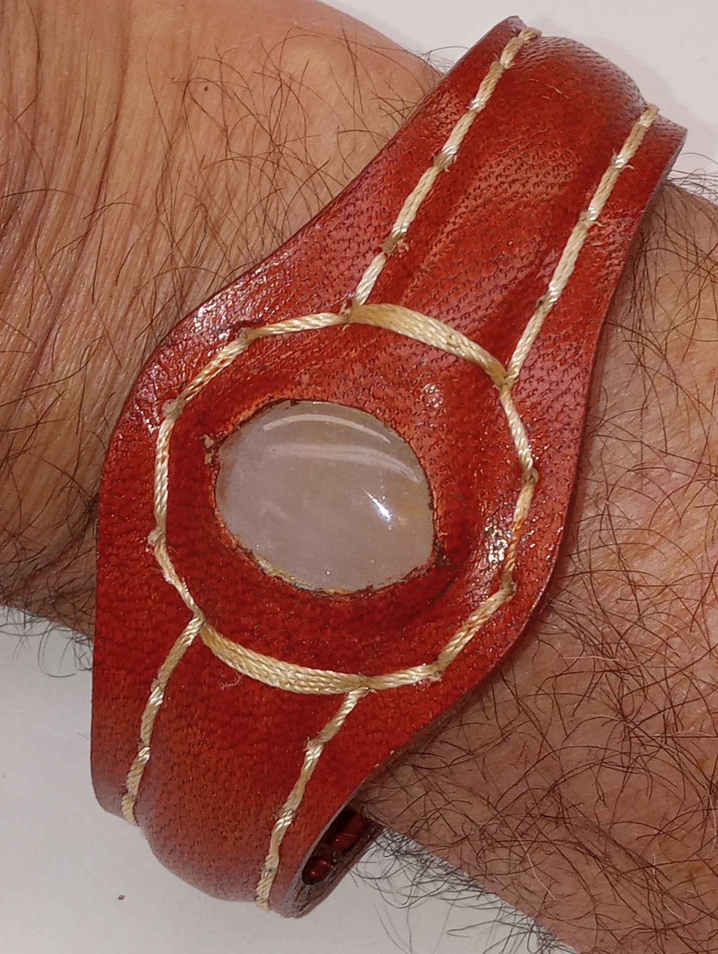 bracelet rose quartz, genuine leather cuff, 7.20inches