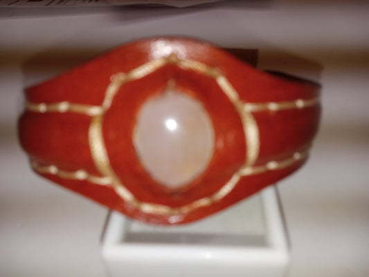 bracelet rose quartz, genuine leather cuff, 7.20inches