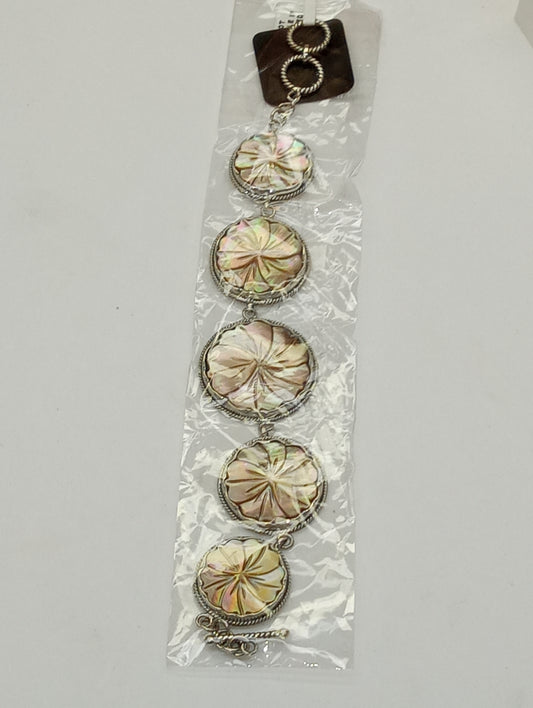 bracelet/earrings, Golden Mother of Pearl, carved flowers, 7.25inches, in sterling silver, 14g