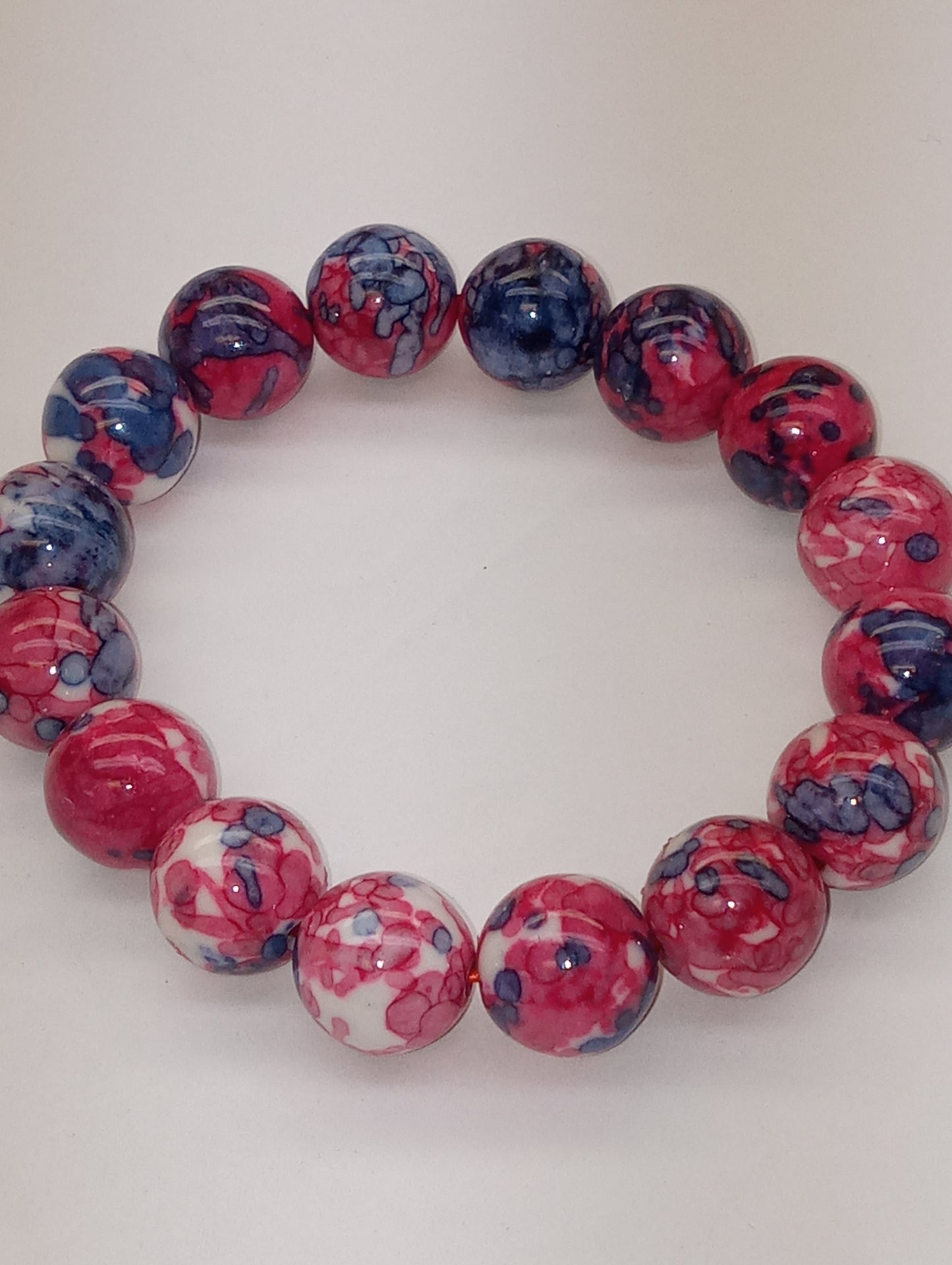 bracelet red blue dragon agate, 12mm beaded, stretch, 150.00ctw