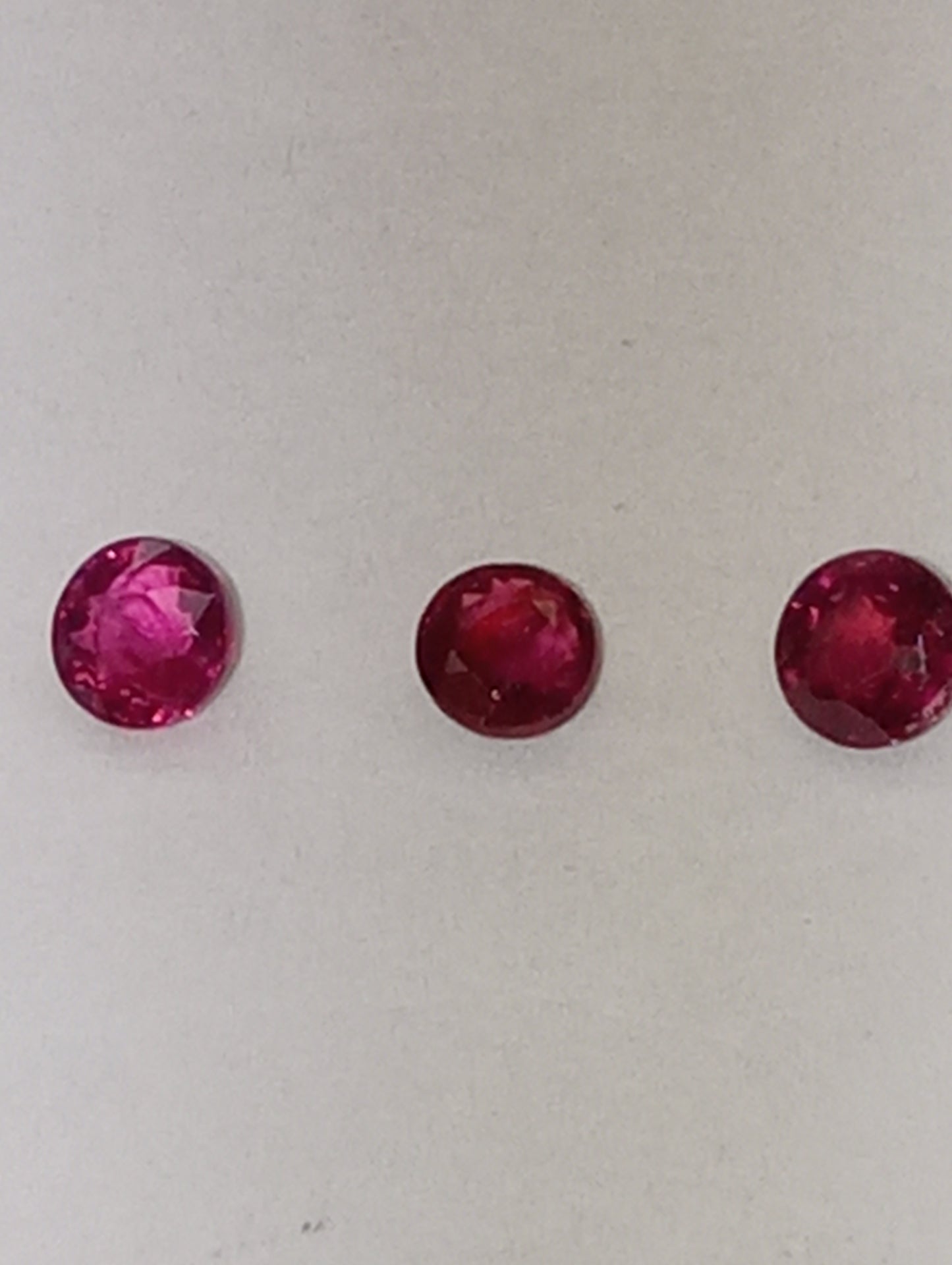 ruby gemstones, 3mm round cuts, 3 stones, .67ctw