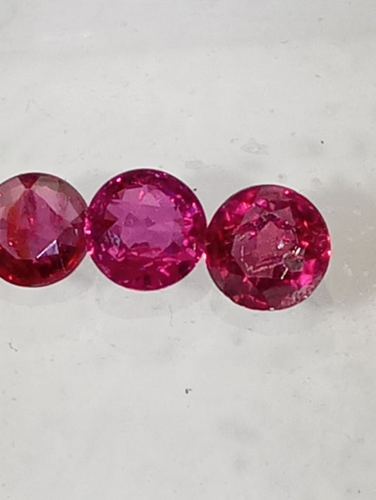 ruby gemstones, 3mm round cuts, 3 stones, .67ctw