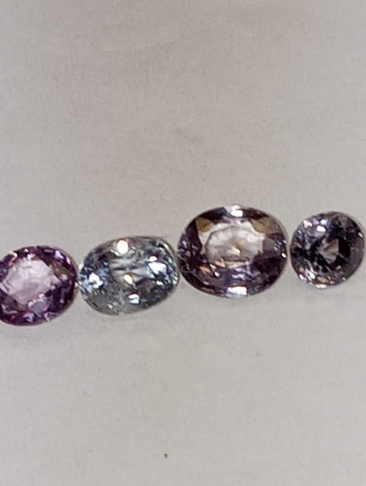 spinel gemstones Burma, lavender and blue, 4 stones, 3 ovals ,1 round cut, 1.75ctw