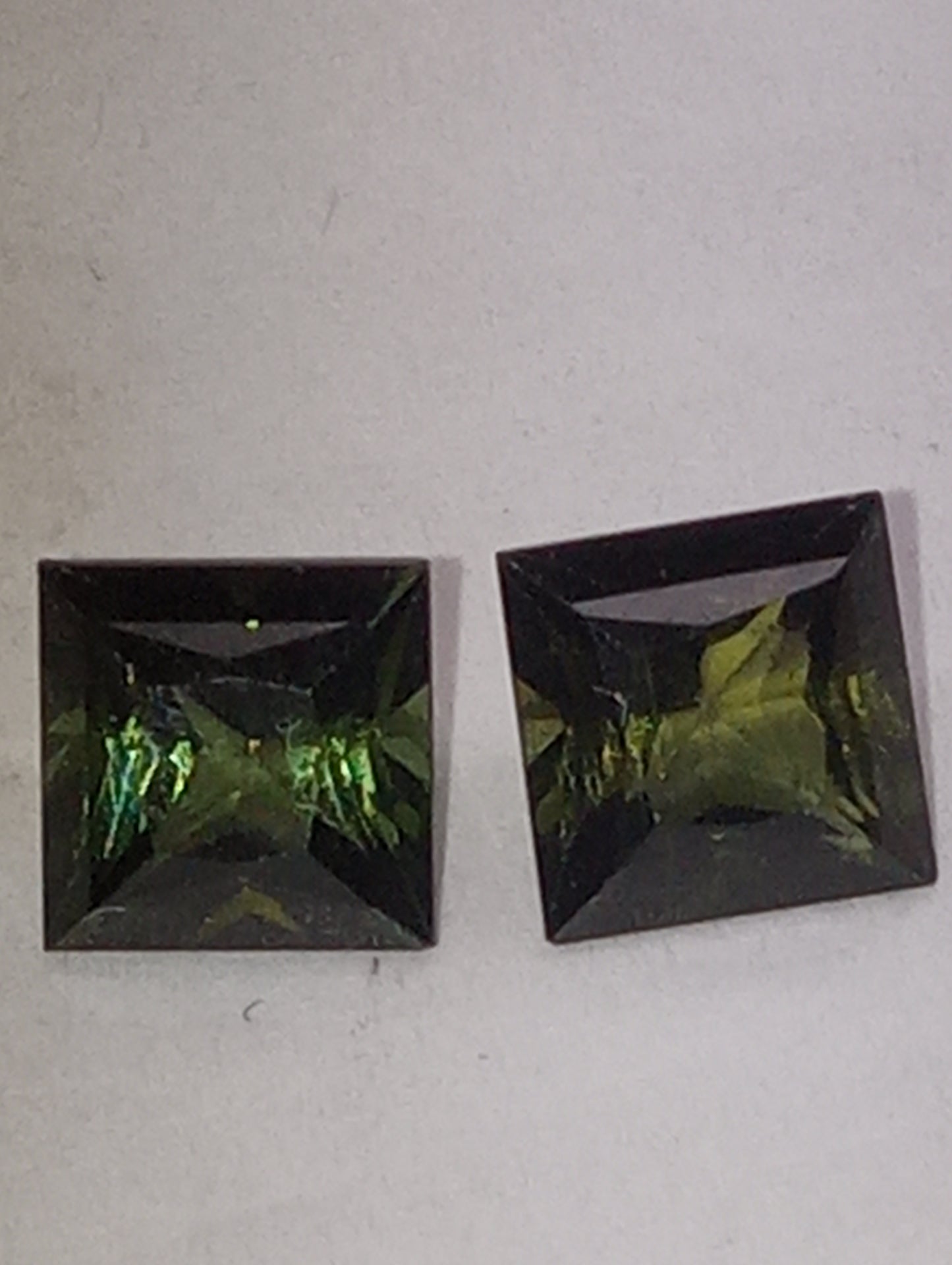 tourmaline gemstones olive green, matched pair, 2 stones 6mmx6mm princess cuts, 2.45ctw