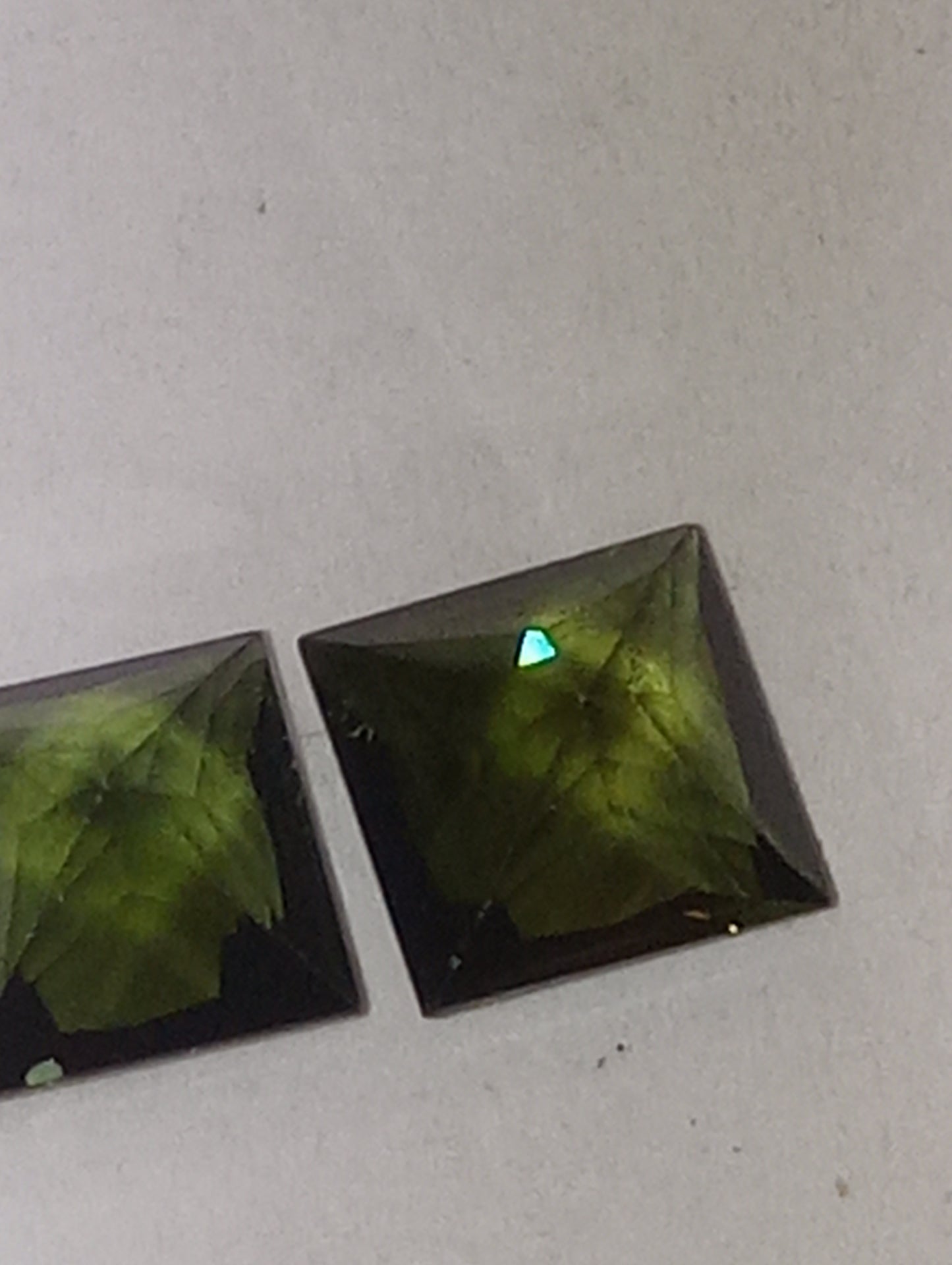 tourmaline gemstones olive green, matched pair, 2 stones 6mmx6mm princess cuts, 2.45ctw