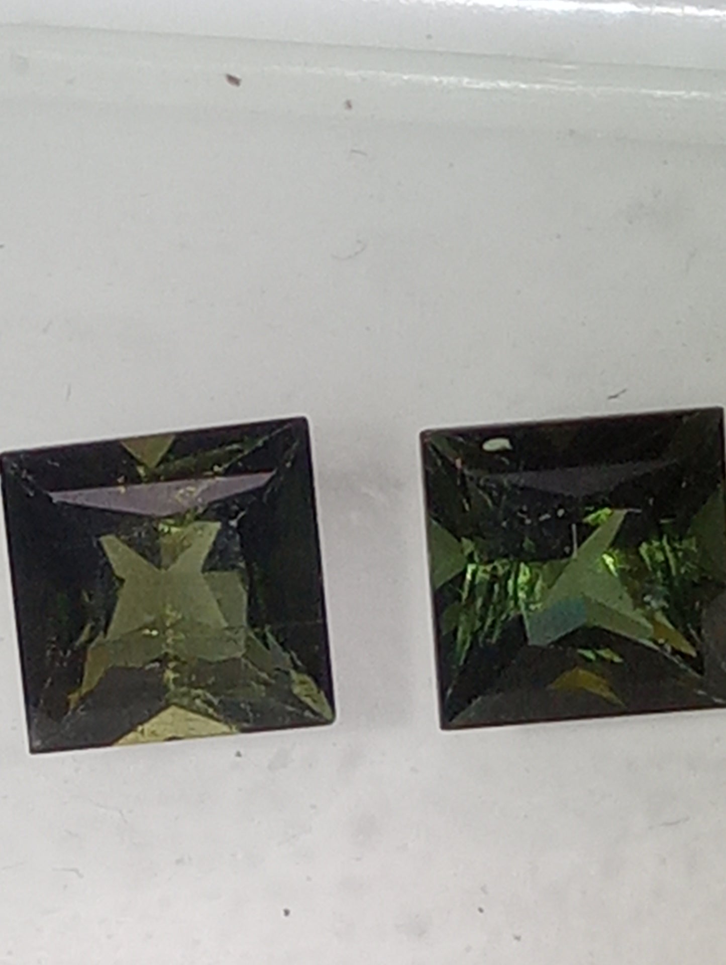 tourmaline gemstones olive green, matched pair, 2 stones 6mmx6mm princess cuts, 2.45ctw