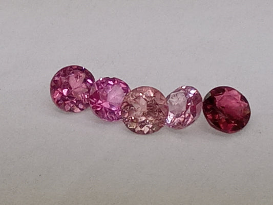 tourmaline gemstones pink, 5mm round cuts, 5 stones, 2.28ctw