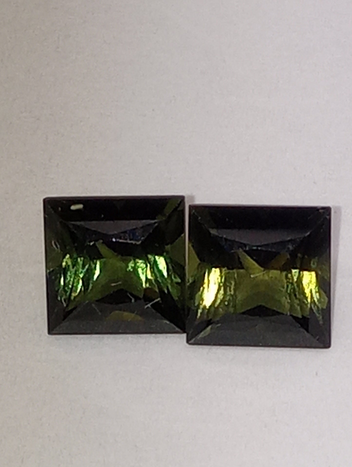 tourmaline gemstones olive green, matched pair, 2 stones 6mmx6mm princess cuts, 2.45ctw