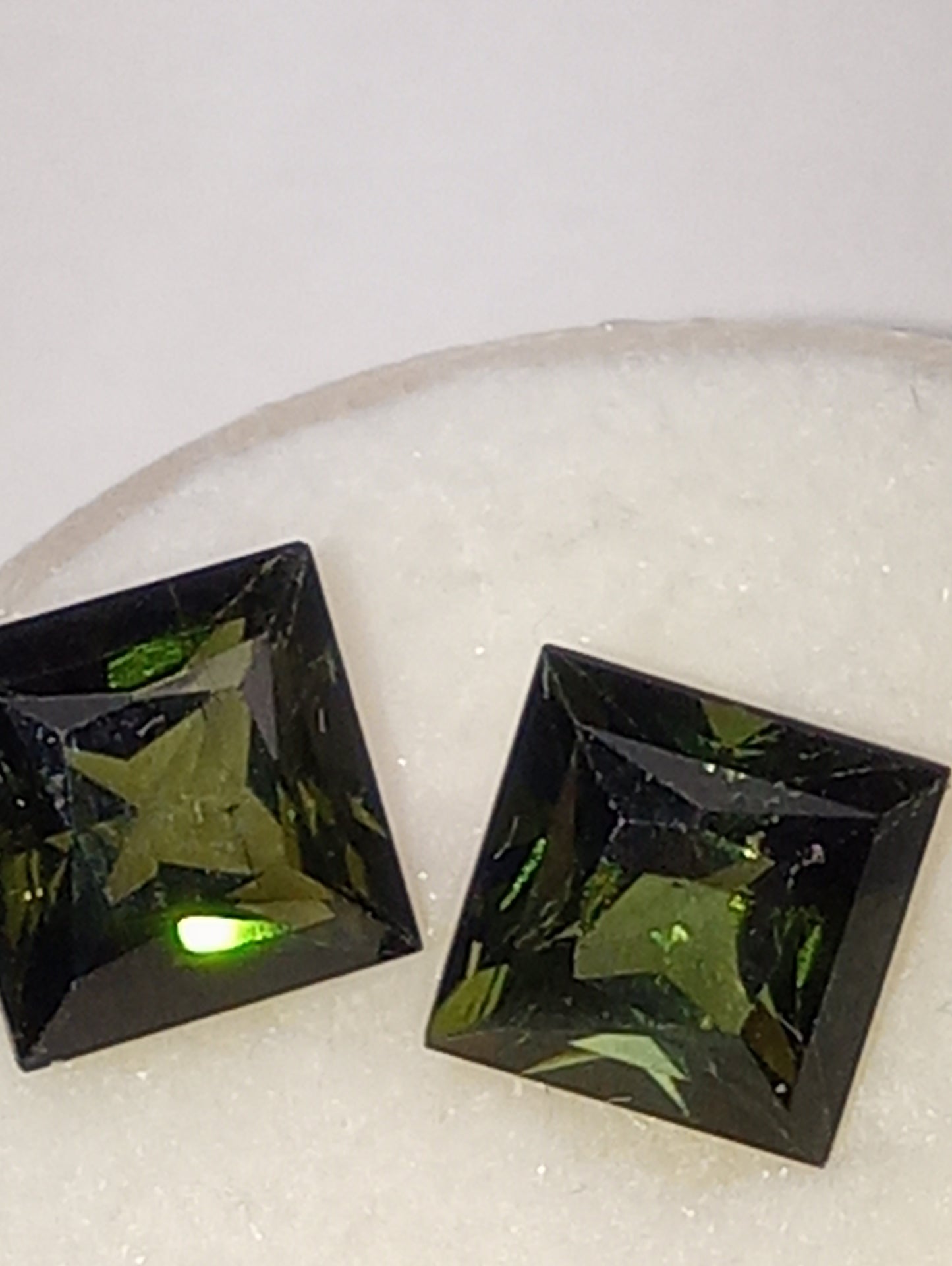 tourmaline gemstones olive green, matched pair, 2 stones 6mmx6mm princess cuts, 2.45ctw