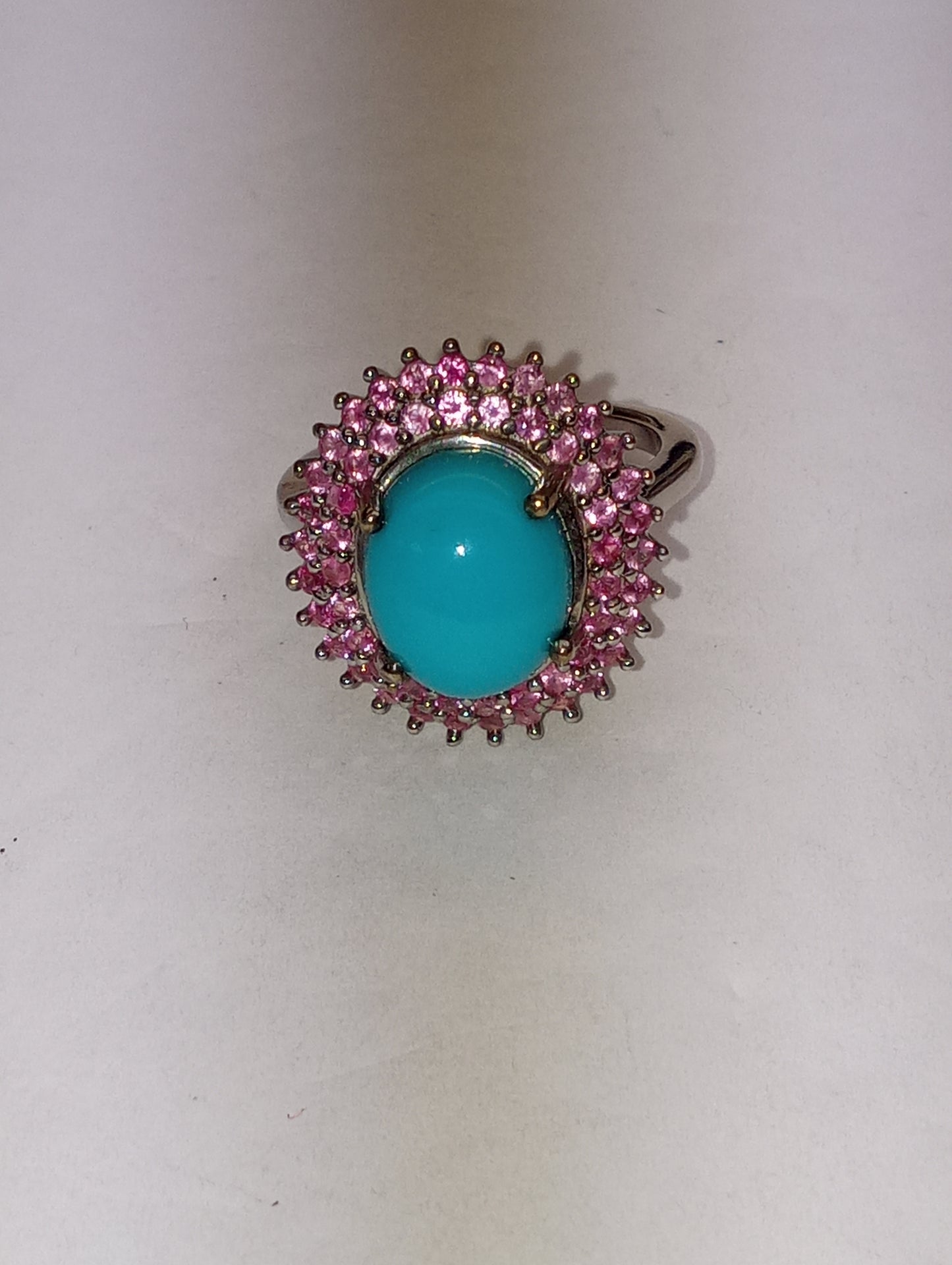 ring Sleeping Beauty turquoise, Madagascar pink sapphire, double halo, in platinum over sterling silver, size 6, 3.75ctw