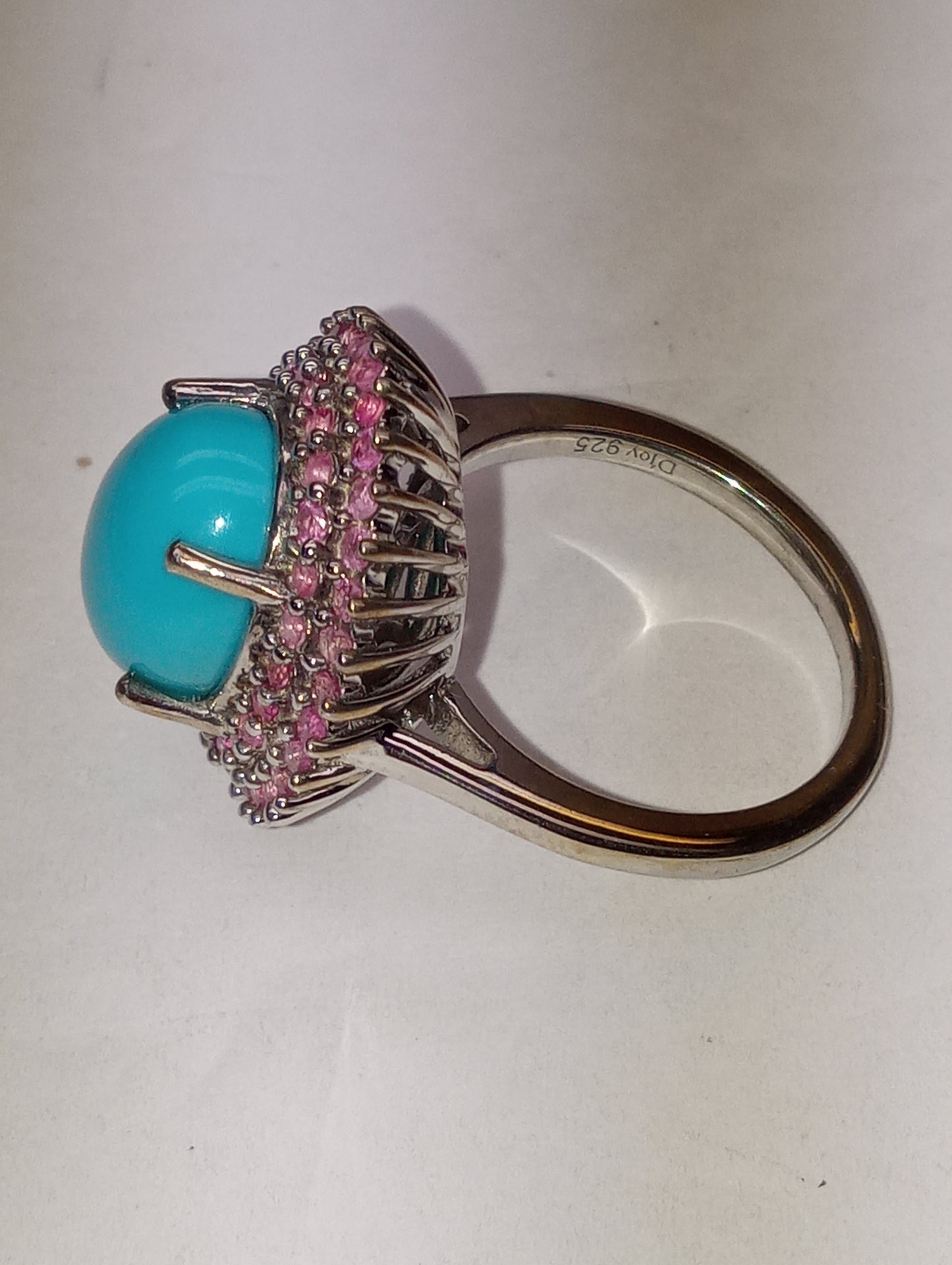 ring Sleeping Beauty turquoise, Madagascar pink sapphire, double halo, in platinum over sterling silver, size 6, 3.75ctw