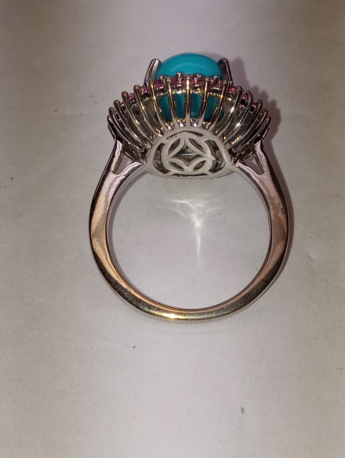 ring Sleeping Beauty turquoise, Madagascar pink sapphire, double halo, in platinum over sterling silver, size 6, 3.75ctw
