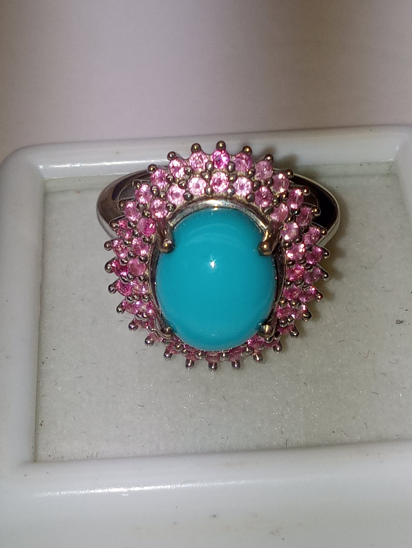 ring Sleeping Beauty turquoise, Madagascar pink sapphire, double halo, in platinum over sterling silver, size 6, 3.75ctw