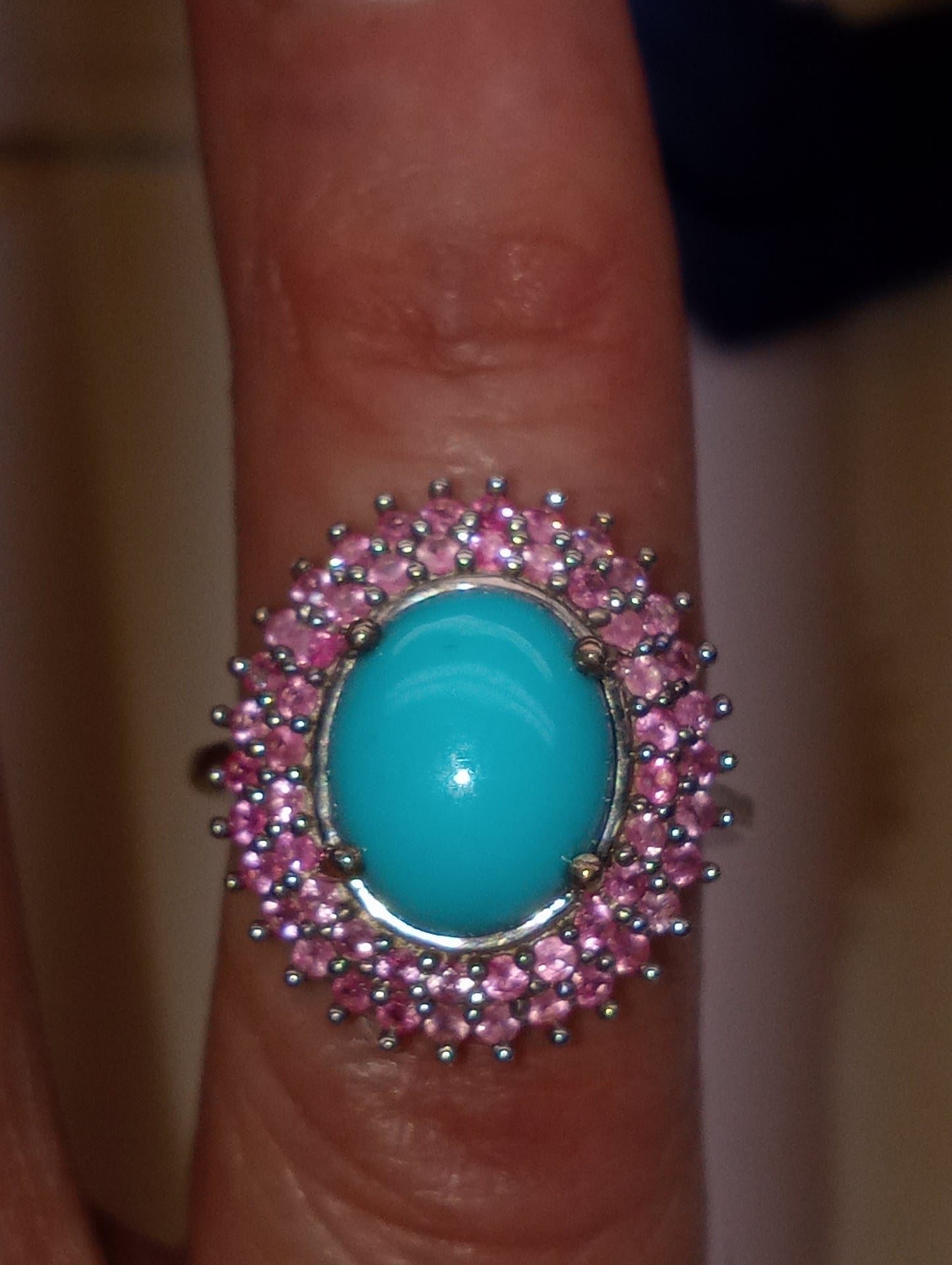 ring Sleeping Beauty turquoise, Madagascar pink sapphire, double halo, in platinum over sterling silver, size 6, 3.75ctw