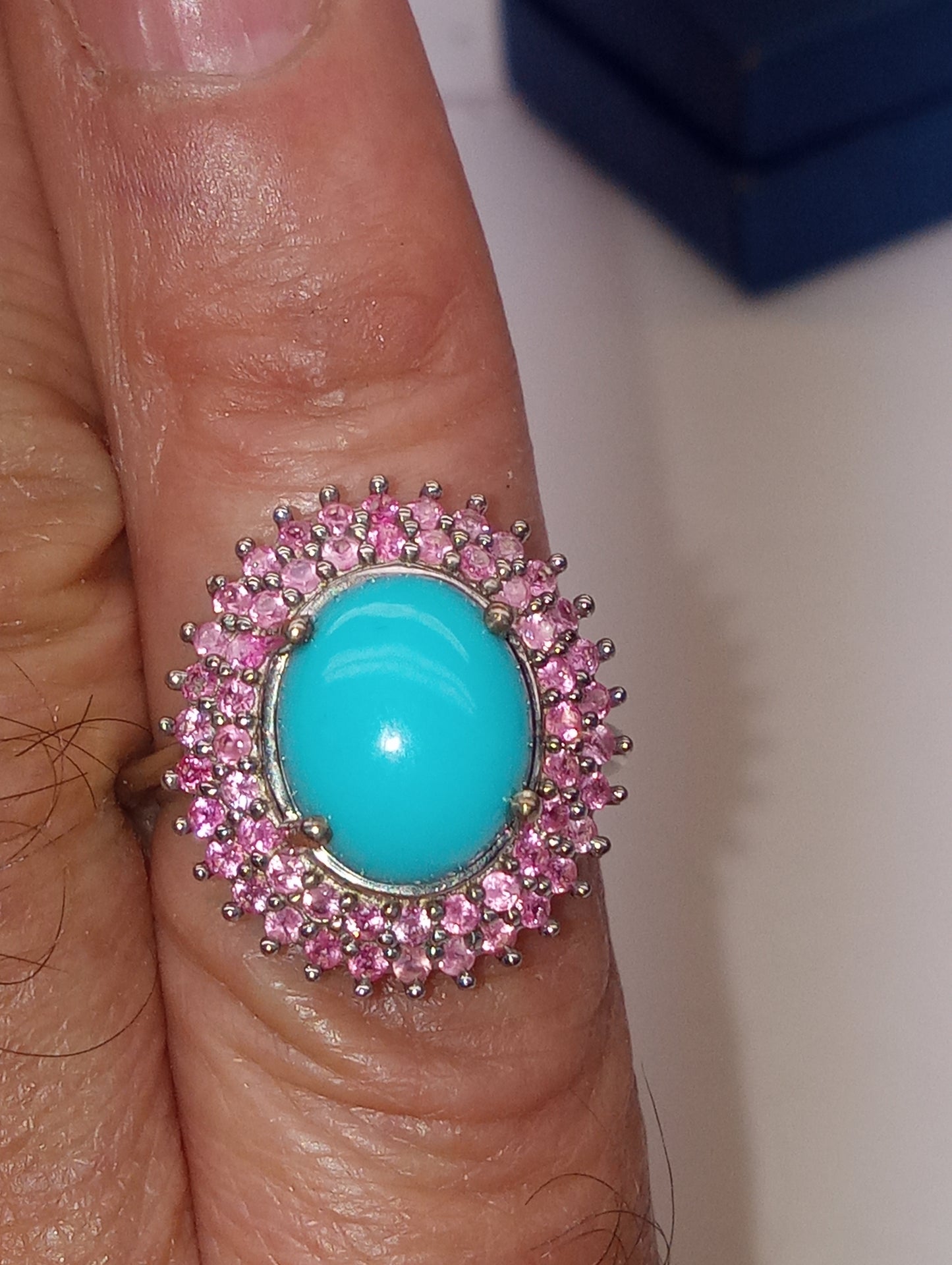 ring Sleeping Beauty turquoise, Madagascar pink sapphire, double halo, in platinum over sterling silver, size 6, 3.75ctw