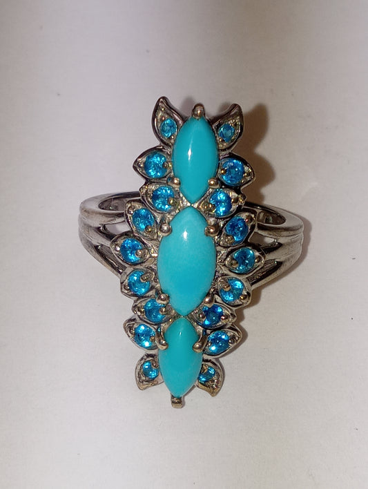 ring Sleeping Beauty turquoise, elongated floral in platinum over sterling silver, sioze 8, 2.50ctw