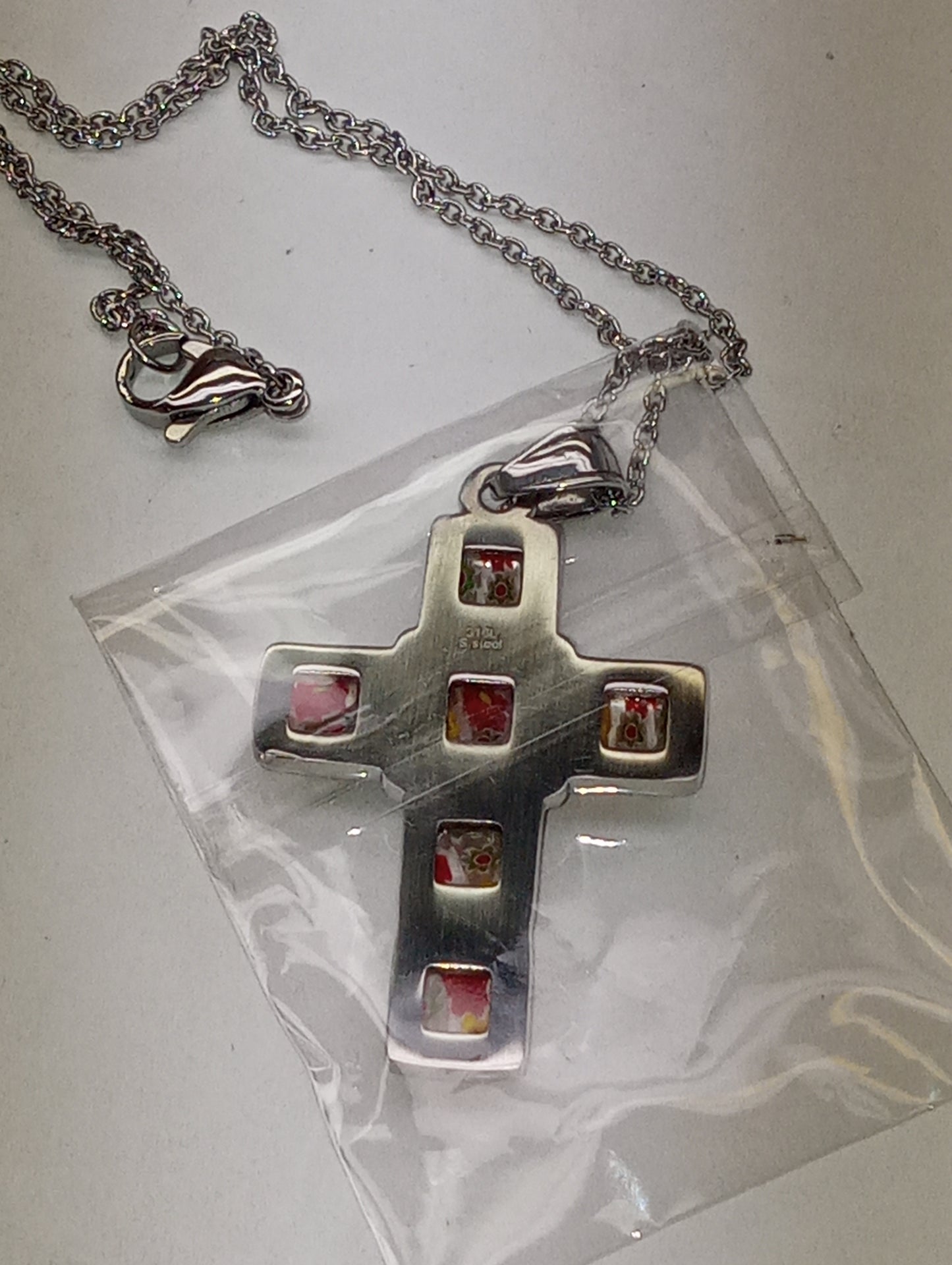 pendant necklace, Murano Style multi color cross with white Austrian Crystal , 20 inches