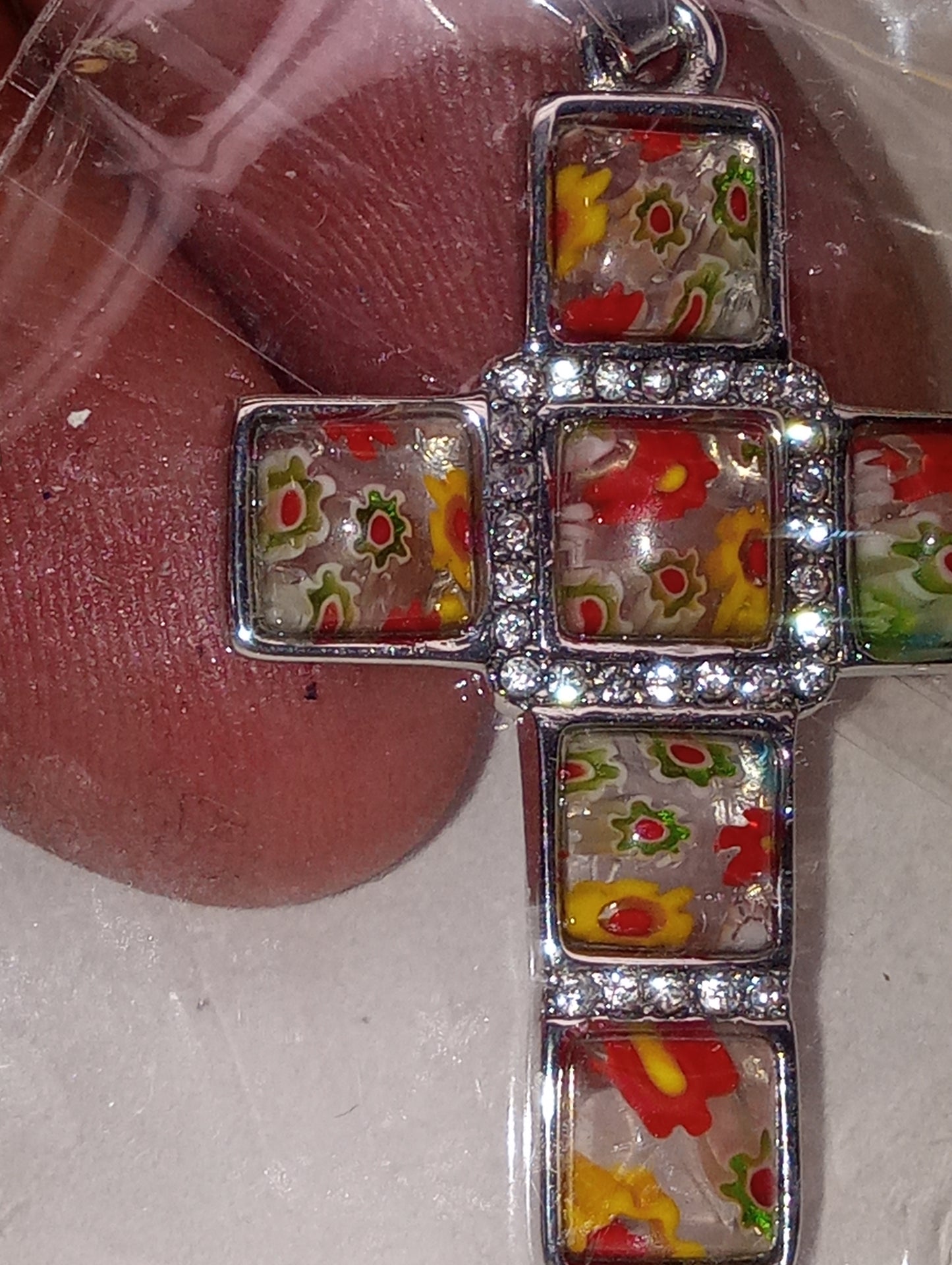 pendant necklace, Murano Style multi color cross with white Austrian Crystal , 20 inches