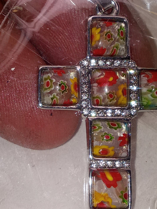 pendant necklace, Murano Style multi color cross with white Austrian Crystal , 20 inches