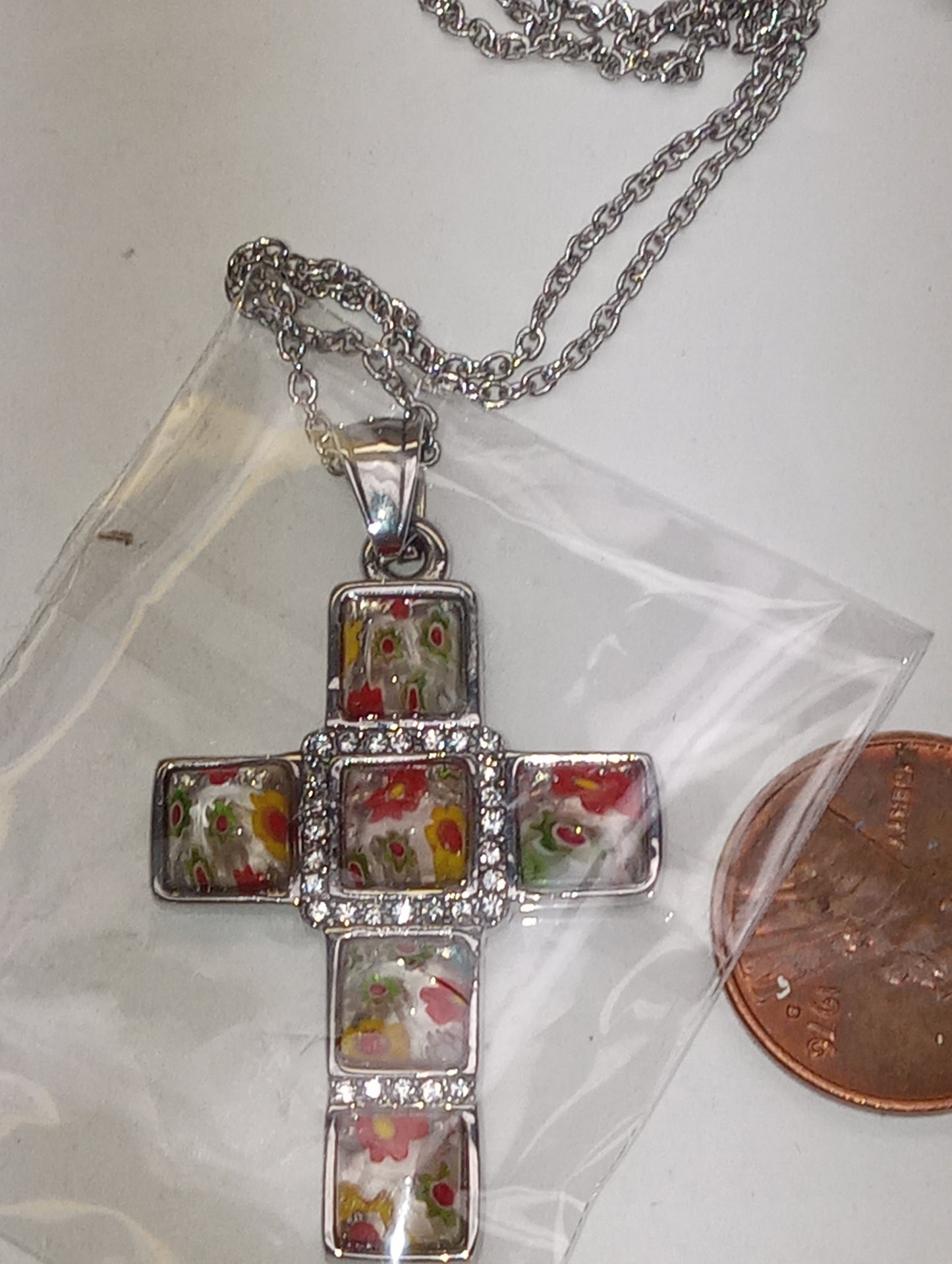 pendant necklace, Murano Style multi color cross with white Austrian Crystal , 20 inches