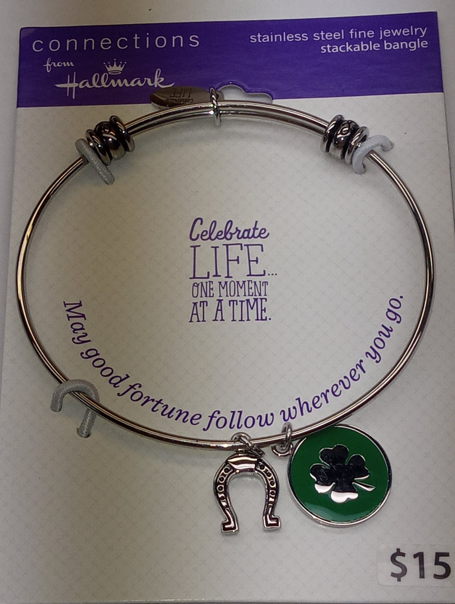 bracelet Hallmark bangle expandable, horseshoe, 4 leaf clover, lucky charm, 8.5 inches