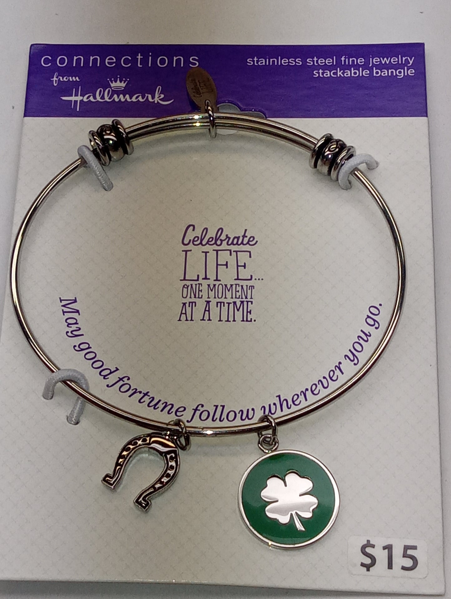 bracelet Hallmark bangle expandable, horseshoe, 4 leaf clover, lucky charm, 8.5 inches