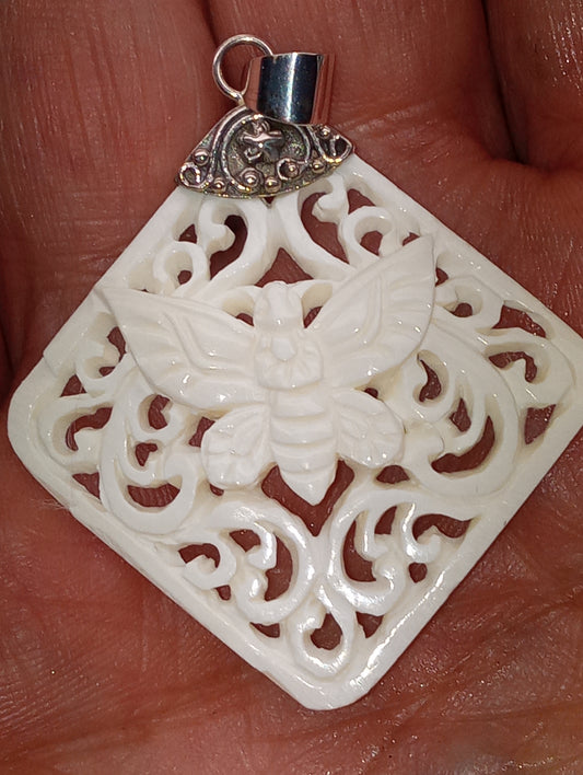 pendant bone carved butterfly in sterling silver