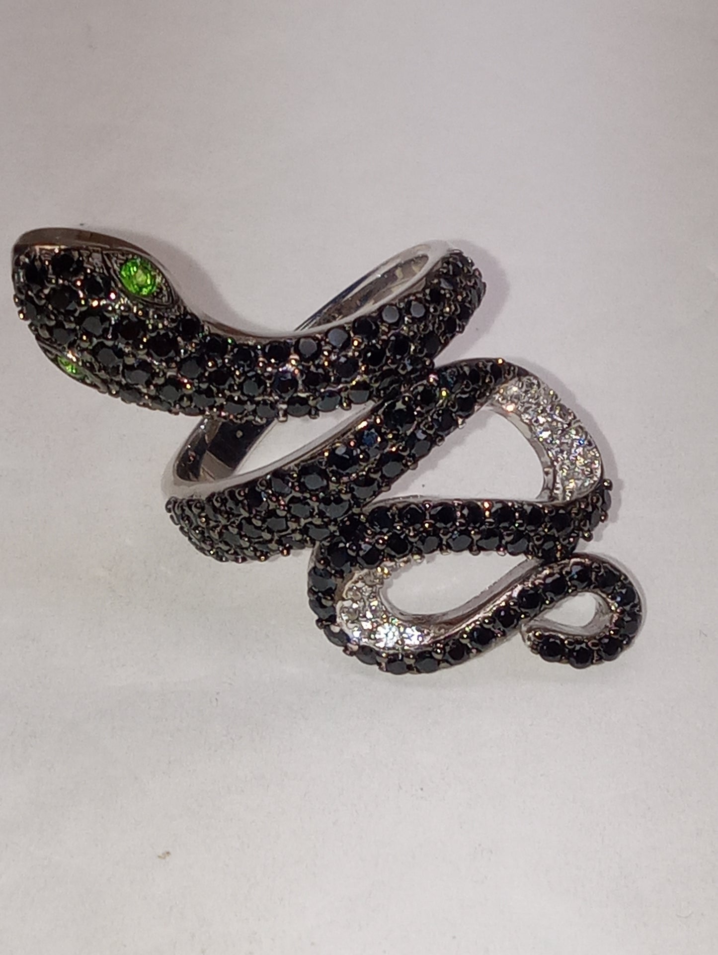 ring chrome diopside, Thai black spinel, white zircon, snake ring in rhodium over sterling silver, size8, 8g
