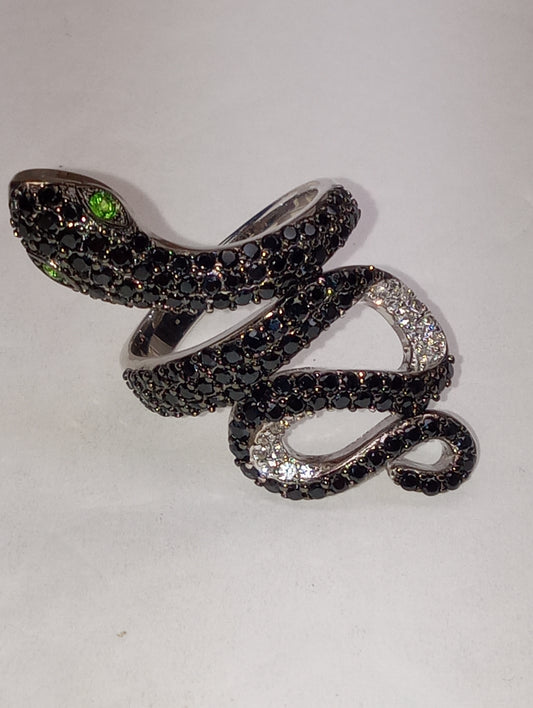 ring chrome diopside, Thai black spinel, white zircon, snake ring in rhodium over sterling silver, size8, 8g