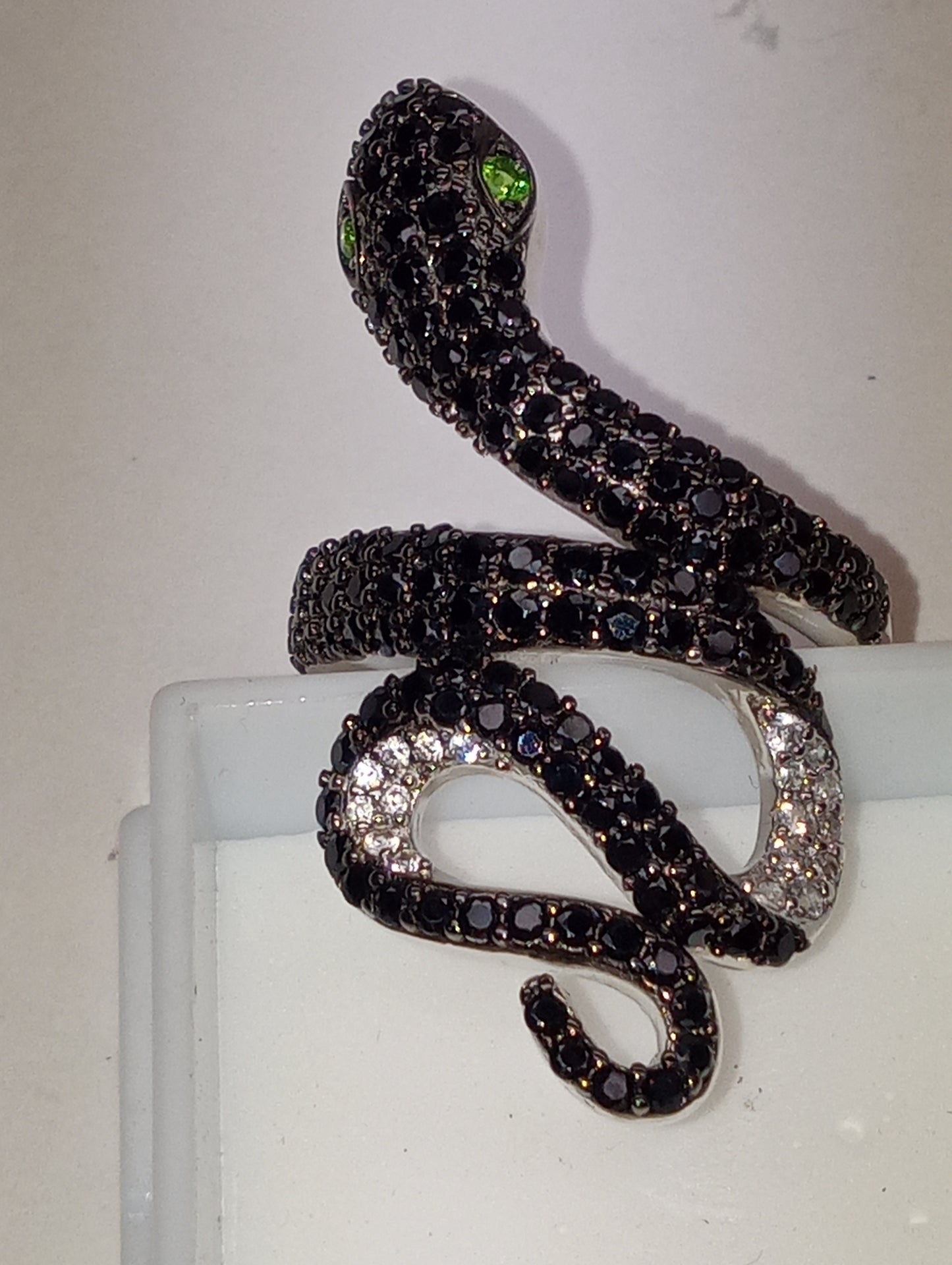 ring chrome diopside, Thai black spinel, white zircon, snake ring in rhodium over sterling silver, size8, 8g