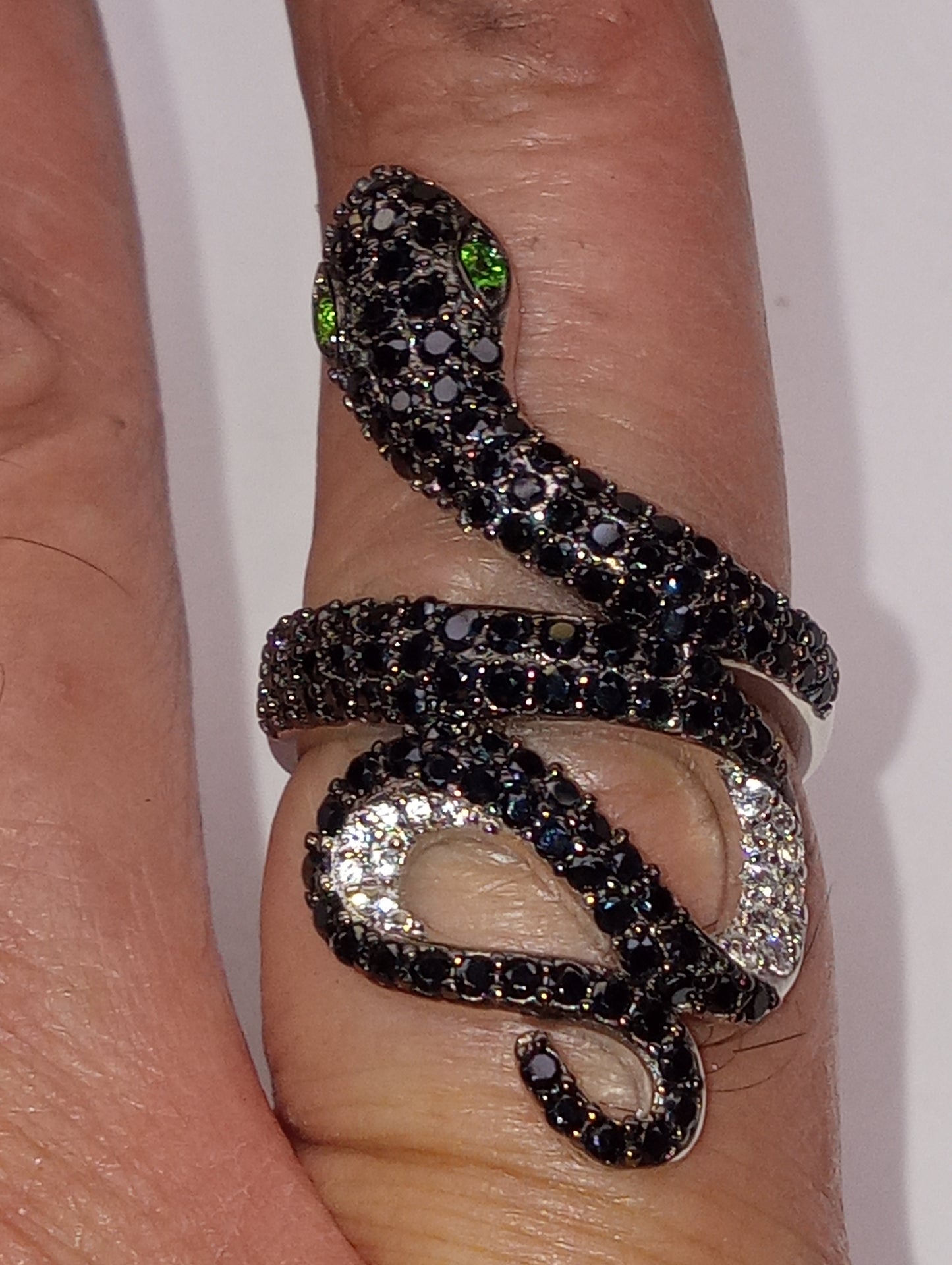 ring chrome diopside, Thai black spinel, white zircon, snake ring in rhodium over sterling silver, size8, 8g