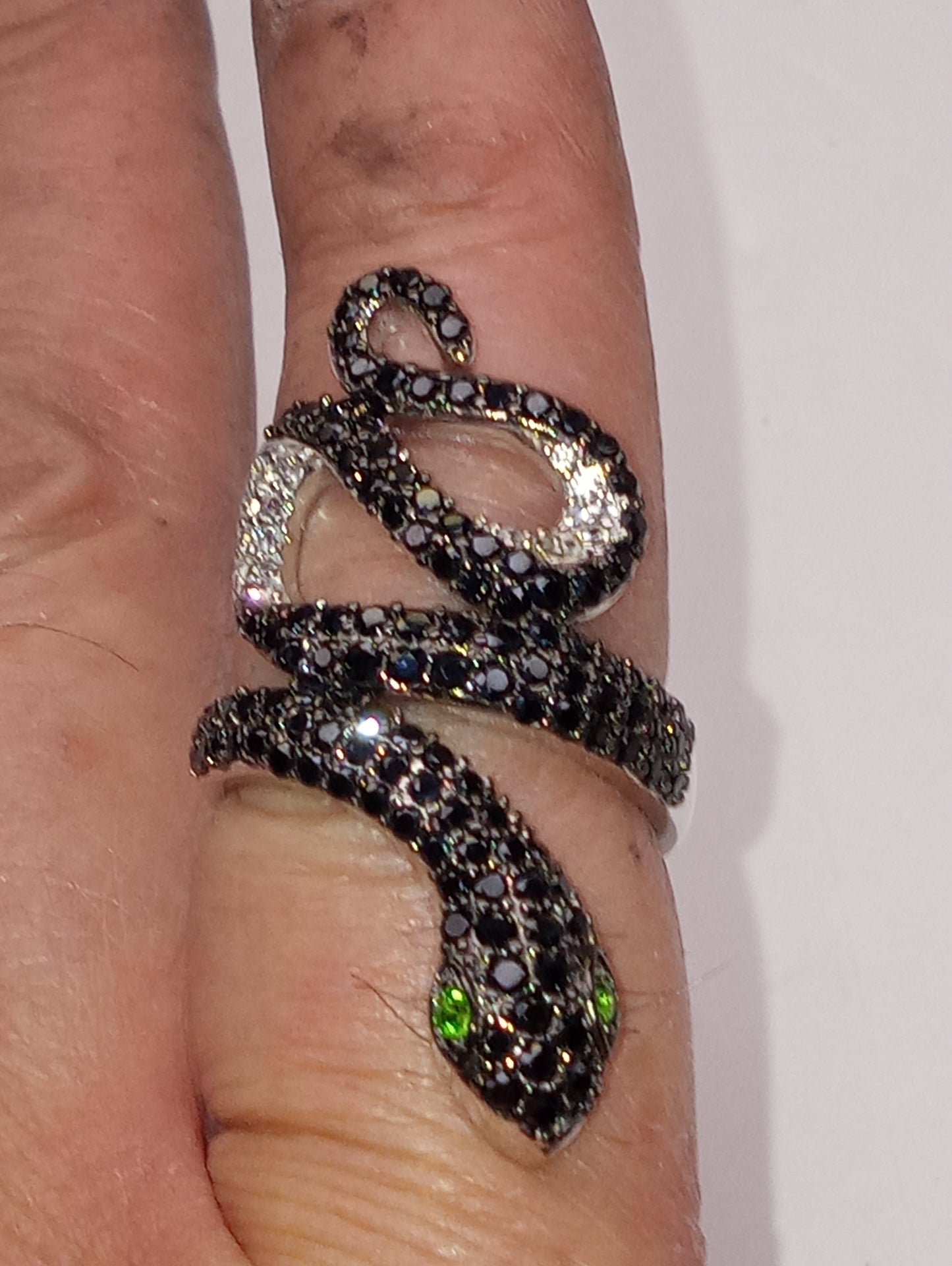 ring chrome diopside, Thai black spinel, white zircon, snake ring in rhodium over sterling silver, size8, 8g